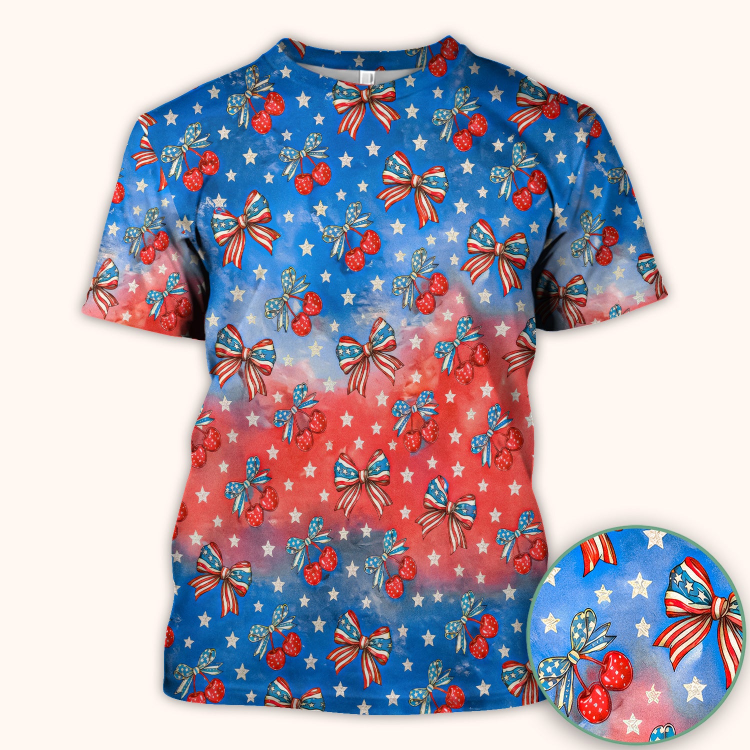 Festive Patriotic Star Bow Cherry Pattern Scrub Top, Comfortable Scrubs for Nurses