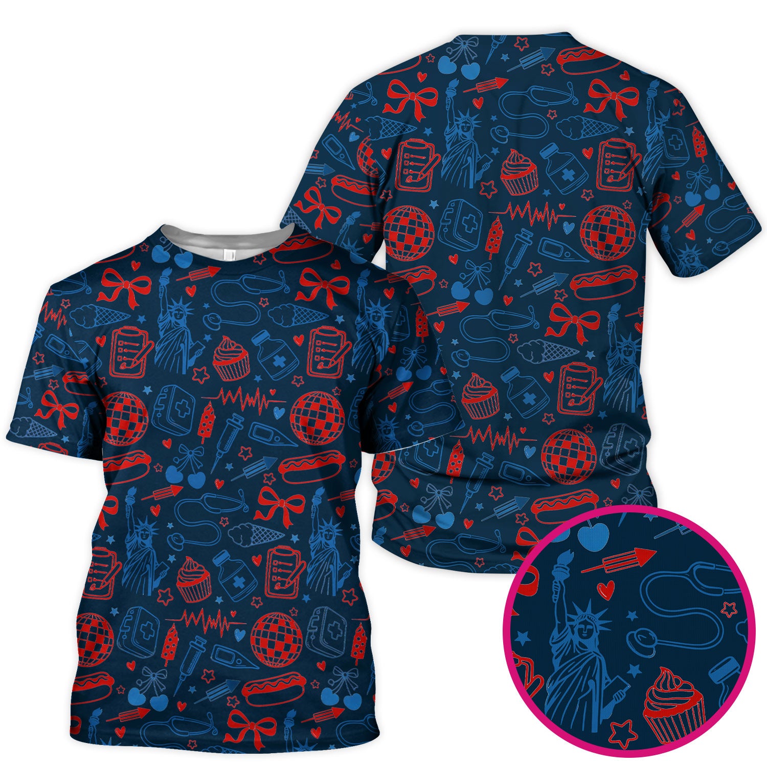 Patriotic Nurse Medical Icons Pattern Scrub Top, Breathable Fabrics Nursing Uniform
