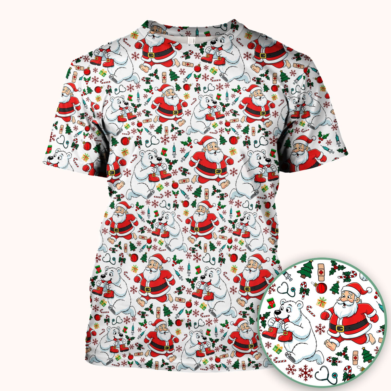 Christmas Santa & Polar Bear Scrub Top - Funny Holiday Nurse Shirt for Women - Cute Winter Medical Uniform