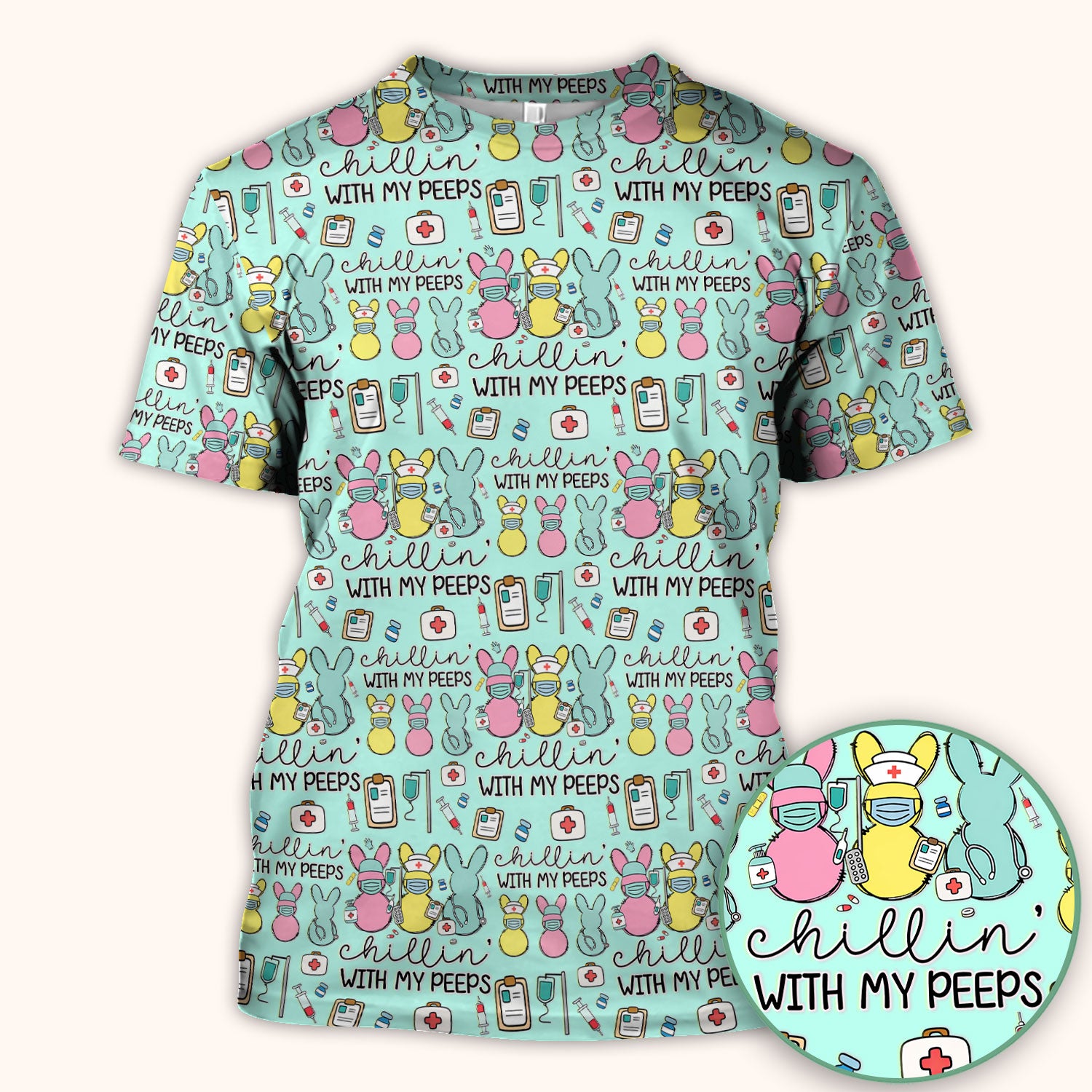 Cute Bunny Nurse Chillin With My Peeps Scrub Top, Comfortable Scrubs for Nurses, Easter