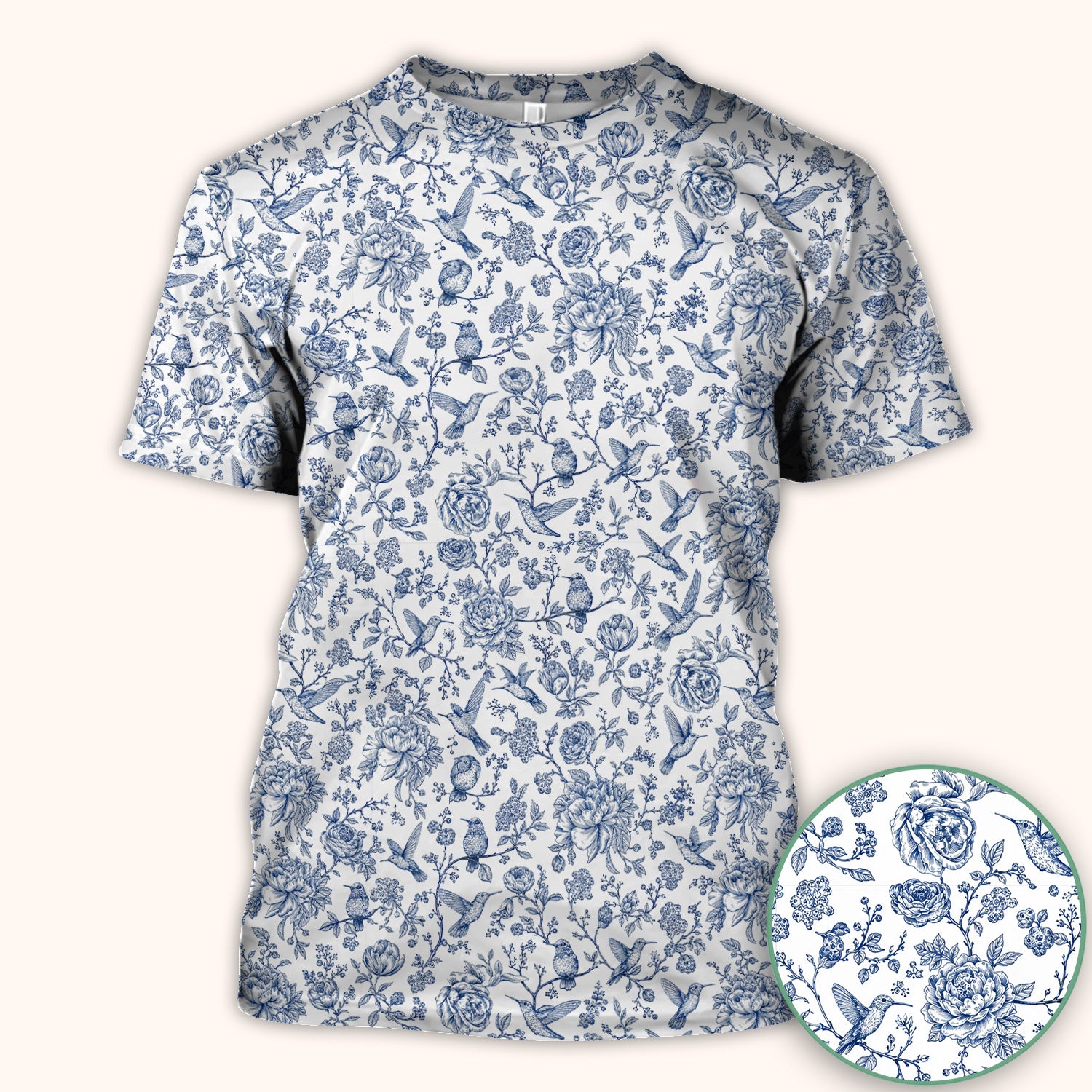 Blue Toile Hummingbird Floral Pattern Scrub Top, Comfortable Scrubs for Nurses