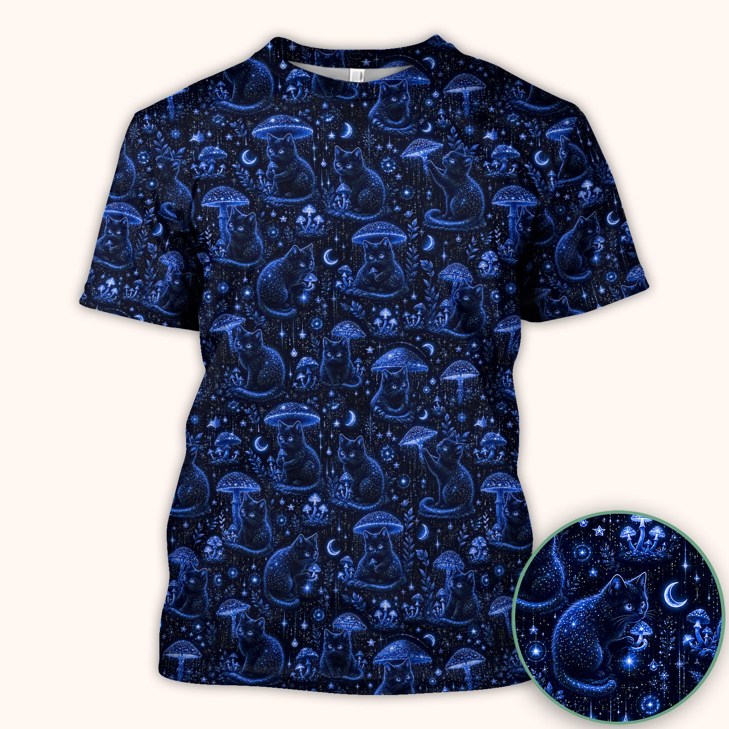 Celestial Black Cat Mushroom Pattern Scrub Top, Comfortable Scrubs for Nurses