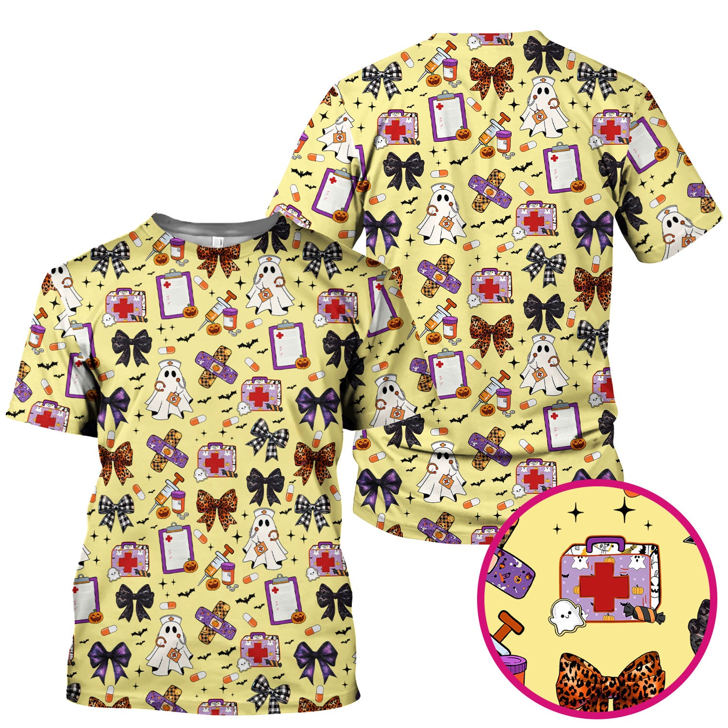 Halloween Nurse Scrub Top - Cute Ghost & Bow Medical Scrubs - Yellow Nursing Shirt with Colorful Halloween Print