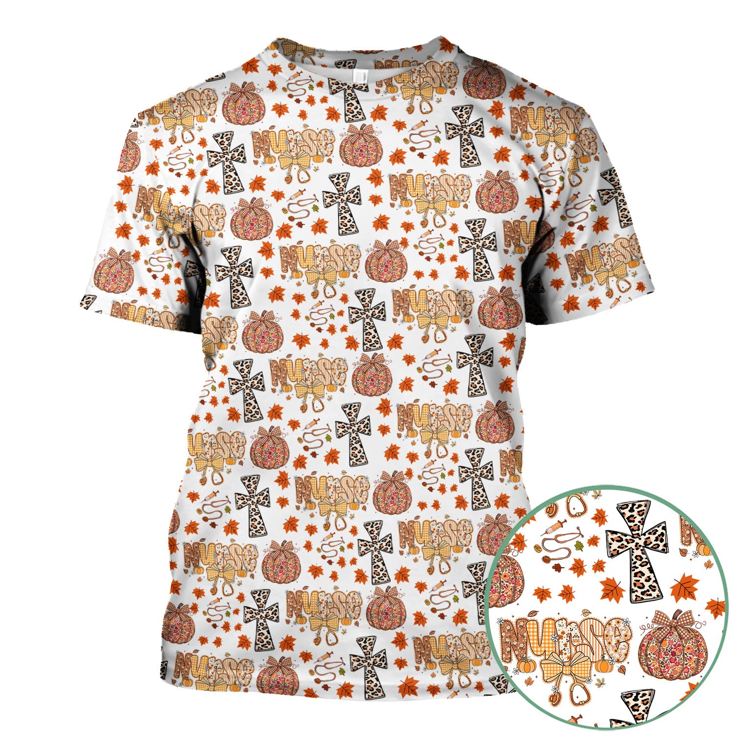 Floral Pumpkin Scrub Top for Women - Coquette Bow Thanksgiving Shirt - Comfortable Medical Uniform