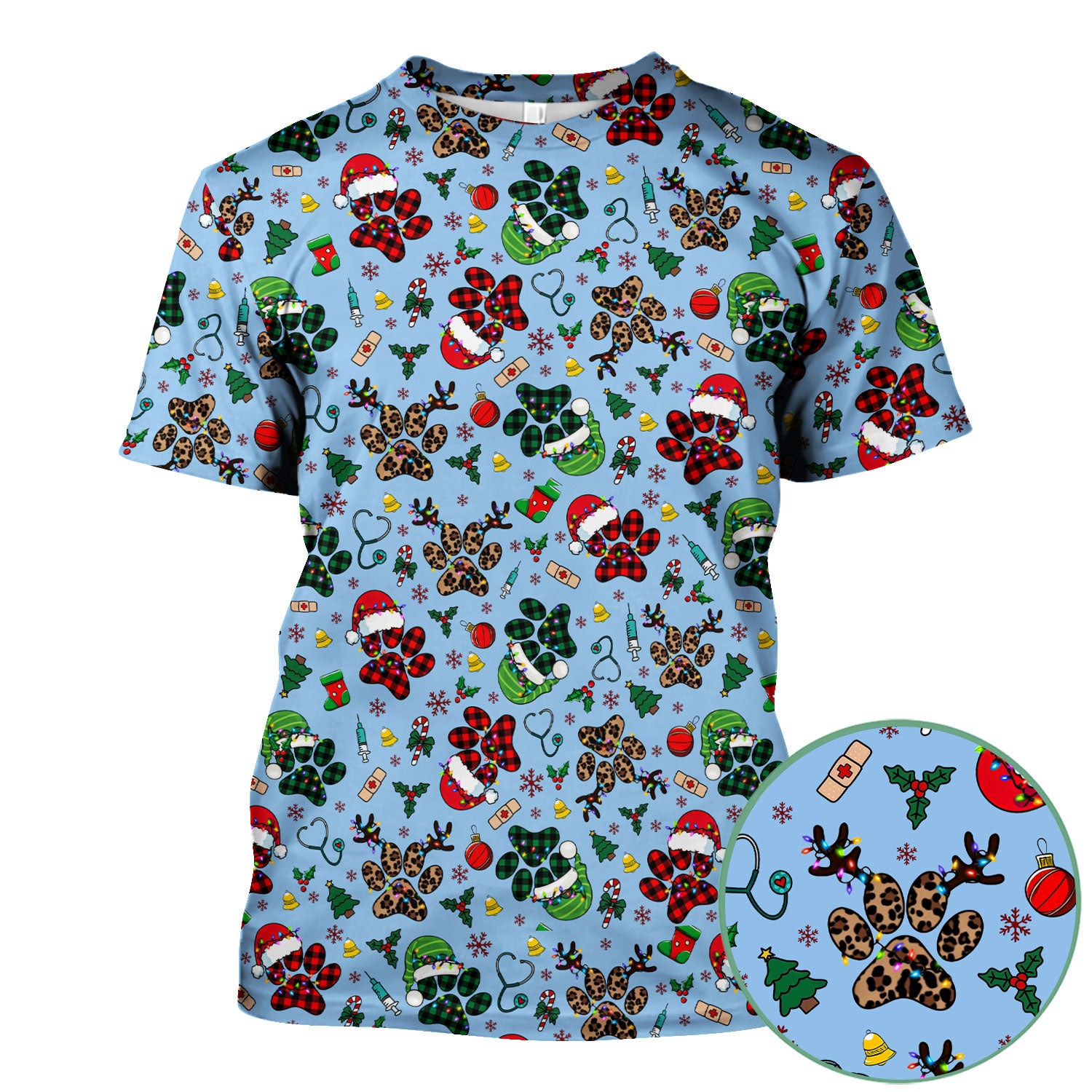 Christmas Paw Print Scrub Top for Nurses - Cute Leopard Holiday Pattern - Funny Festive Medical Uniform Gift