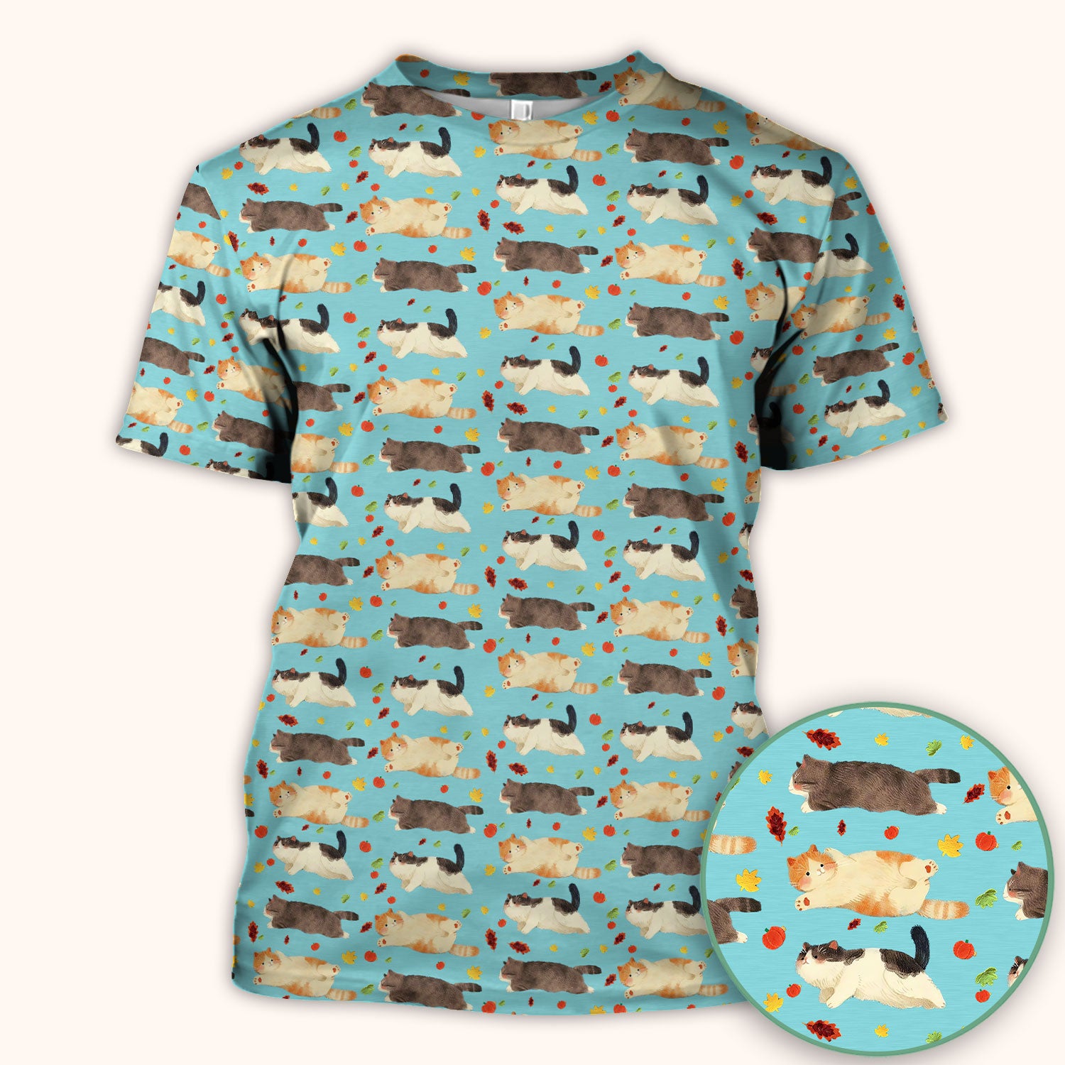 Chubby Cat Autumn Leaves Print Scrub Top, Breathable Fabrics Nursing Uniform