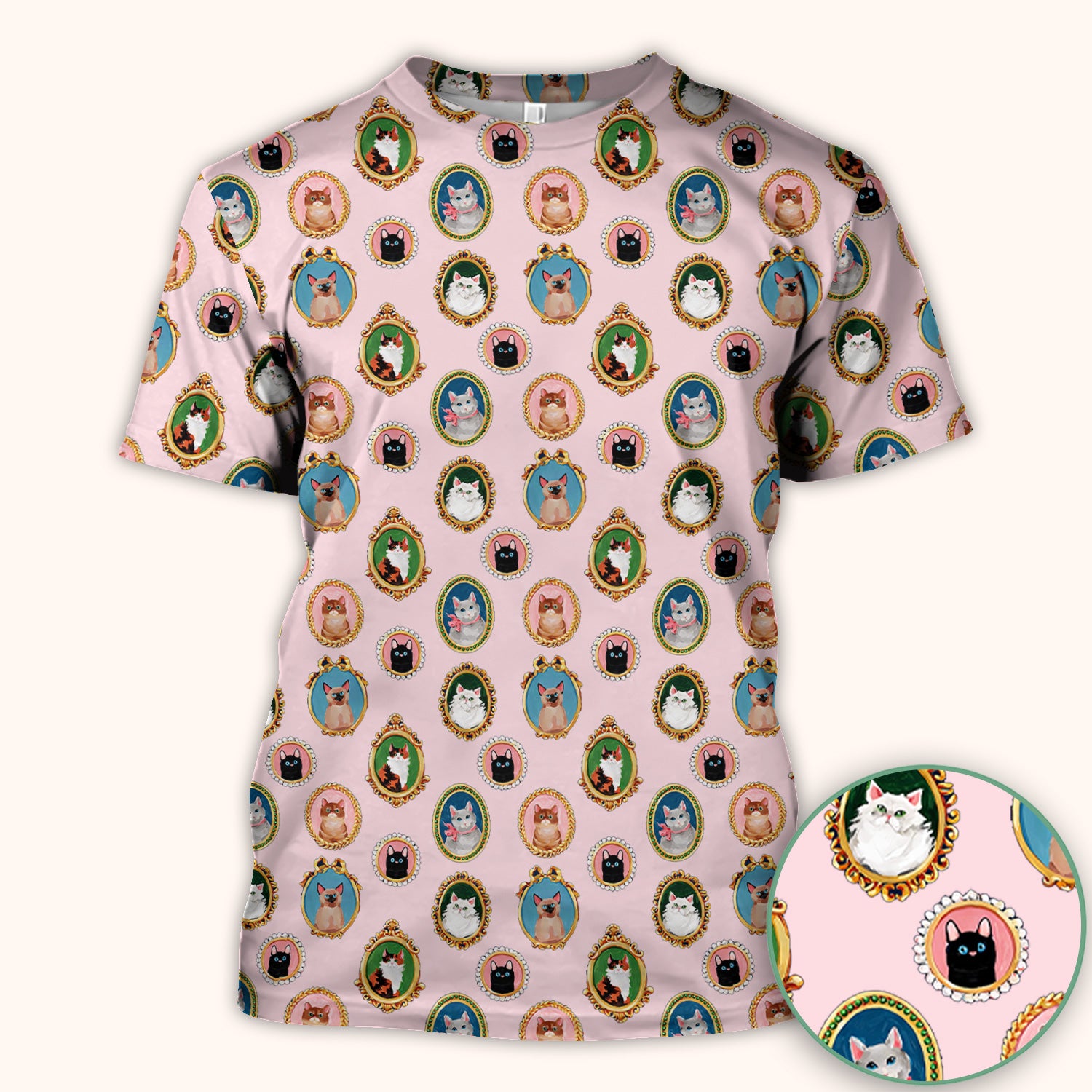 Vintage Cat Portrait Pattern Scrub Top, Breathable Medical Uniform Top