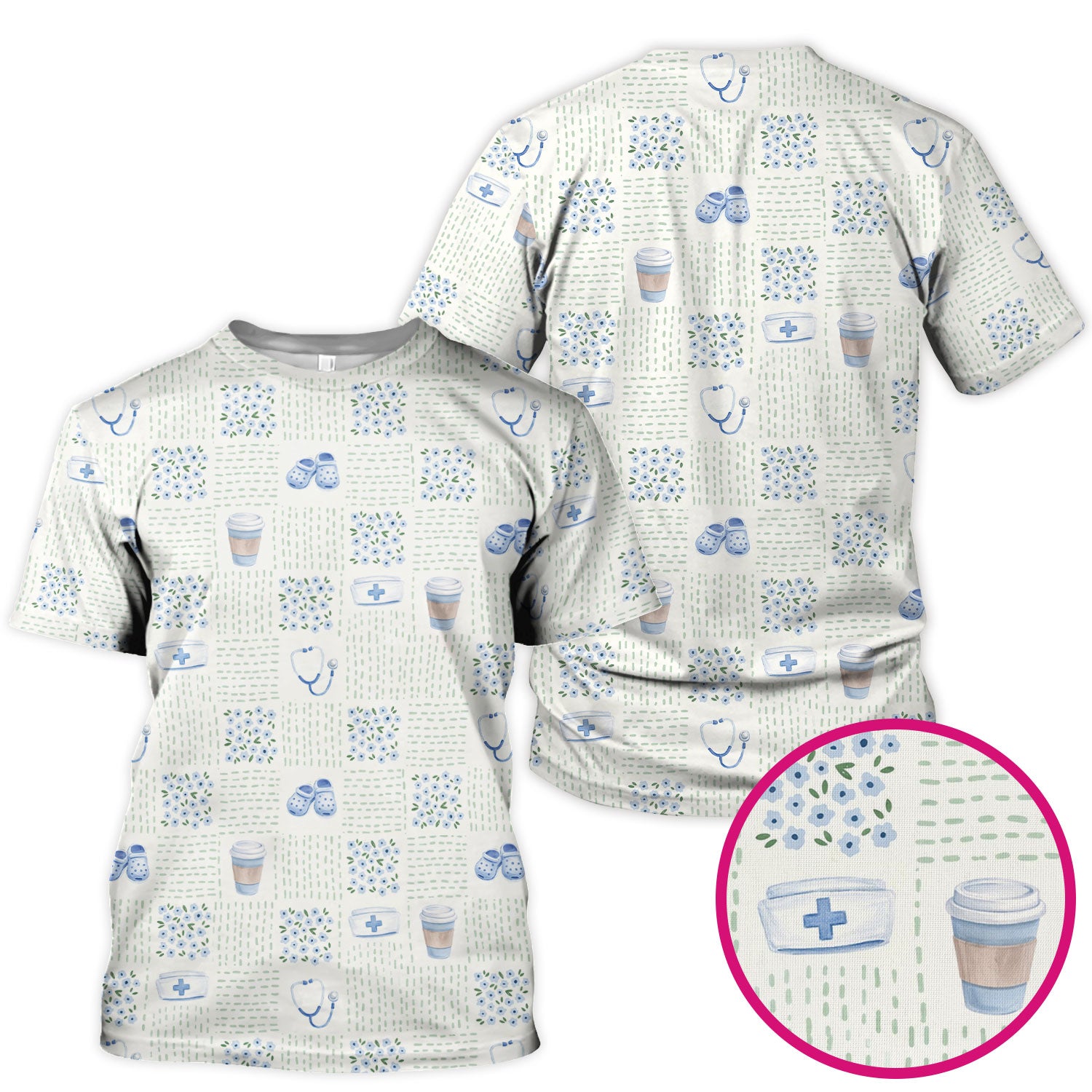Cute Medical Essentials Pattern Scrub Top, Comfortable Scrubs for Nurses
