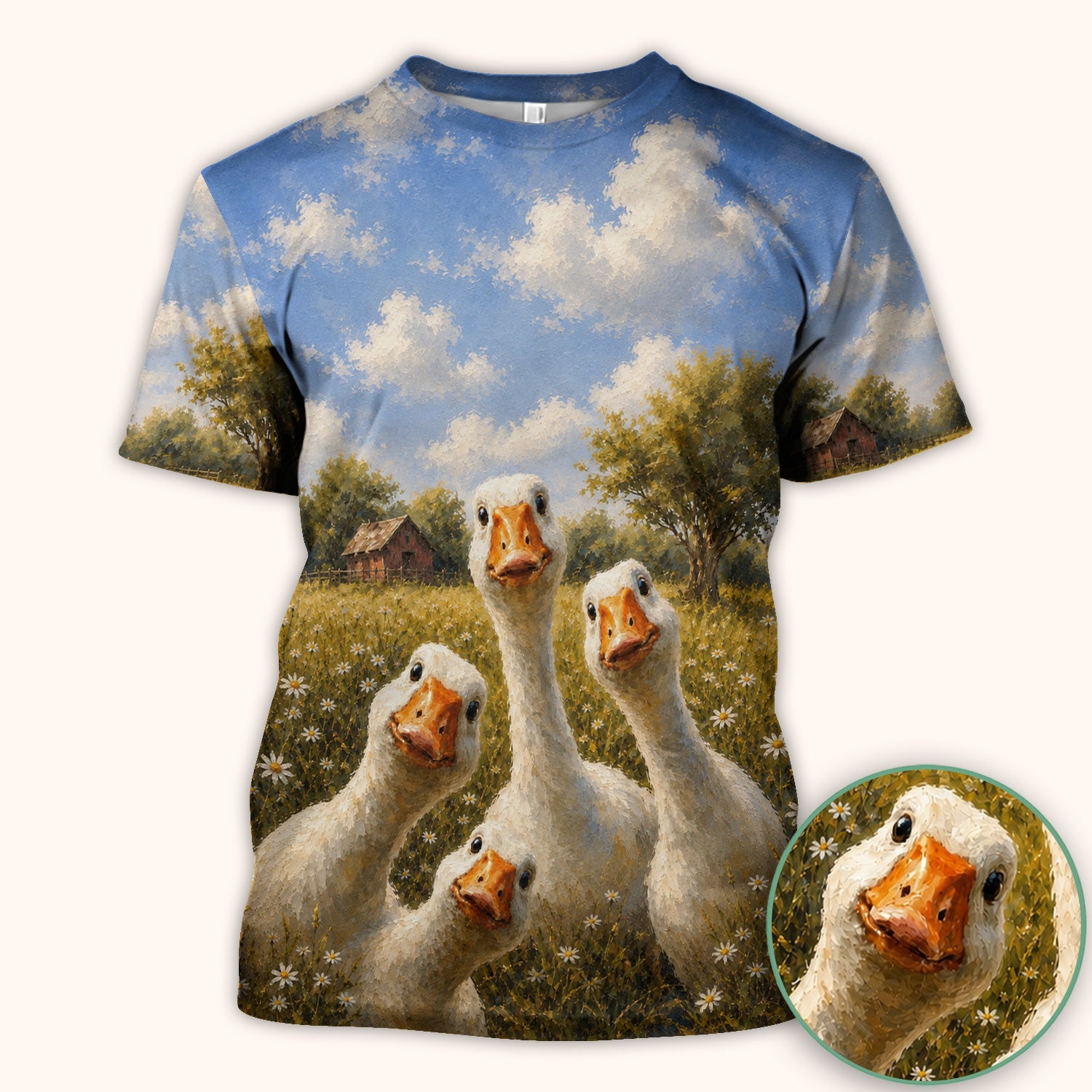 Cute Farmhouse Goose Meadow Pattern Scrub Top, Comfortable Scrubs for Nurses