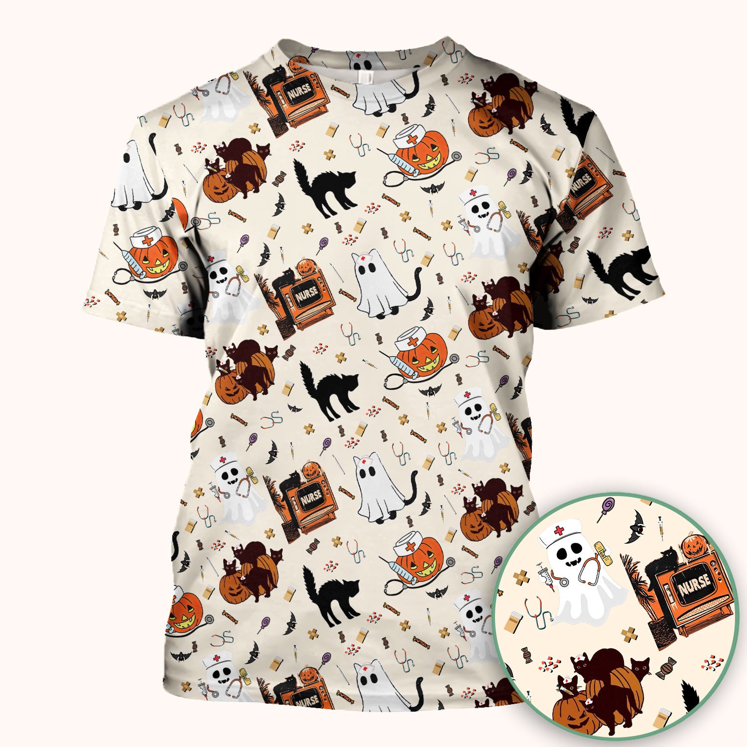 Halloween Scrub Top for Nurse - Cute Pumpkin Ghost Cat Medical Shirt - Spooky Scrubs for Women RN CNA LPN