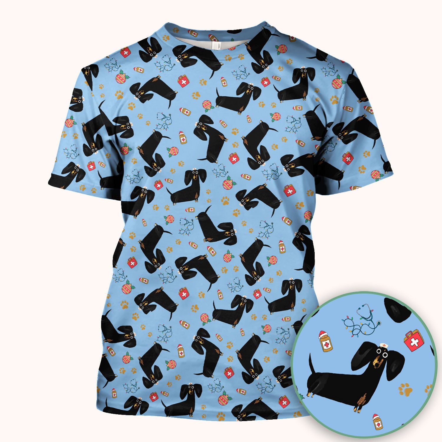 Funny Black Dachshund Scrub Top for Nurses - Cute Wiener Dog Medical Shirt - Puppy Lover Nursing Gift for Women