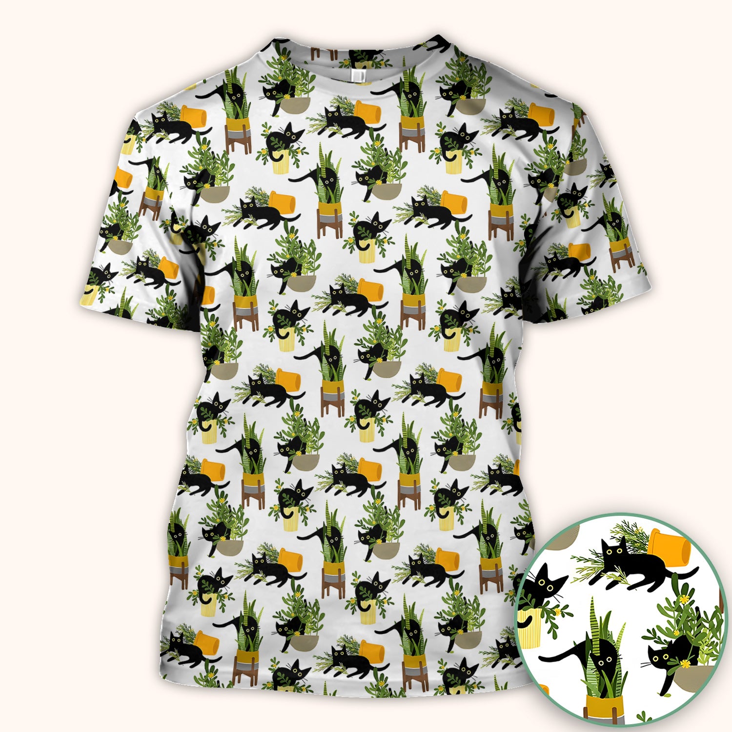 Black Cat Plant Pots Pattern Scrub Top, Comfortable Scrubs for Nurses
