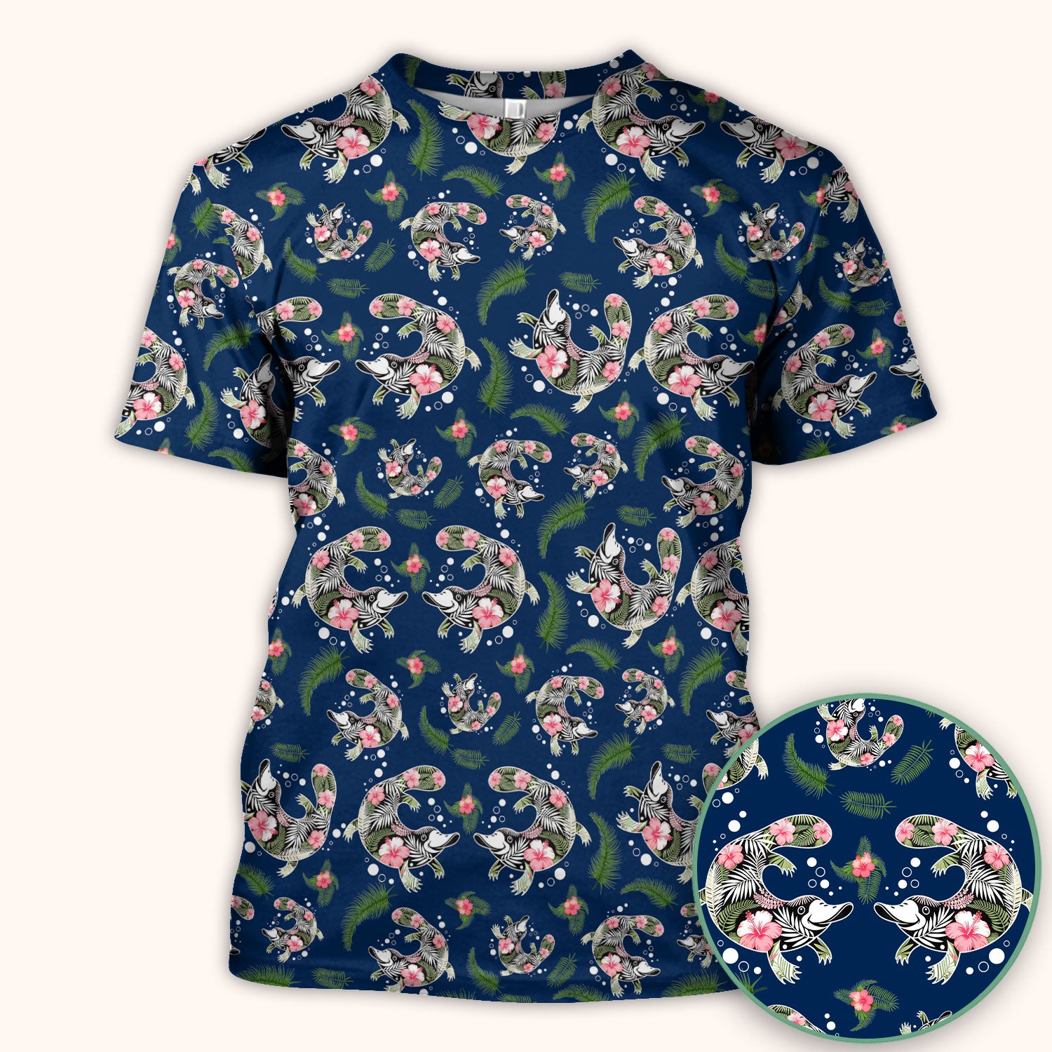 Cute Platypus Scrub Top, Tropical Floral Animal Pattern Nurse Shirt, Breathable Fabrics Nursing Uniform
