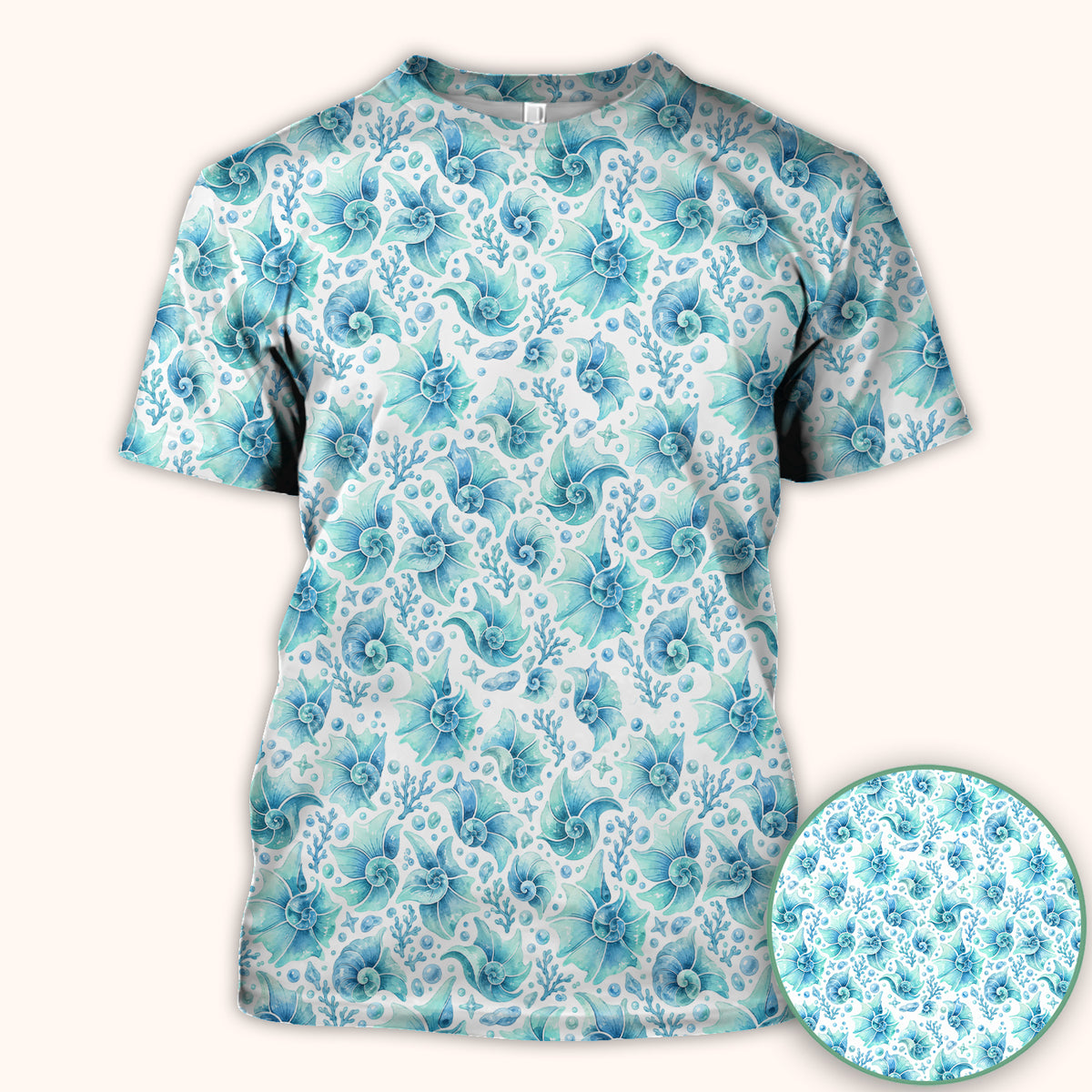 Blue Watercolor Seashell Pattern Scrub Top, Comfortable Scrubs for Nurses