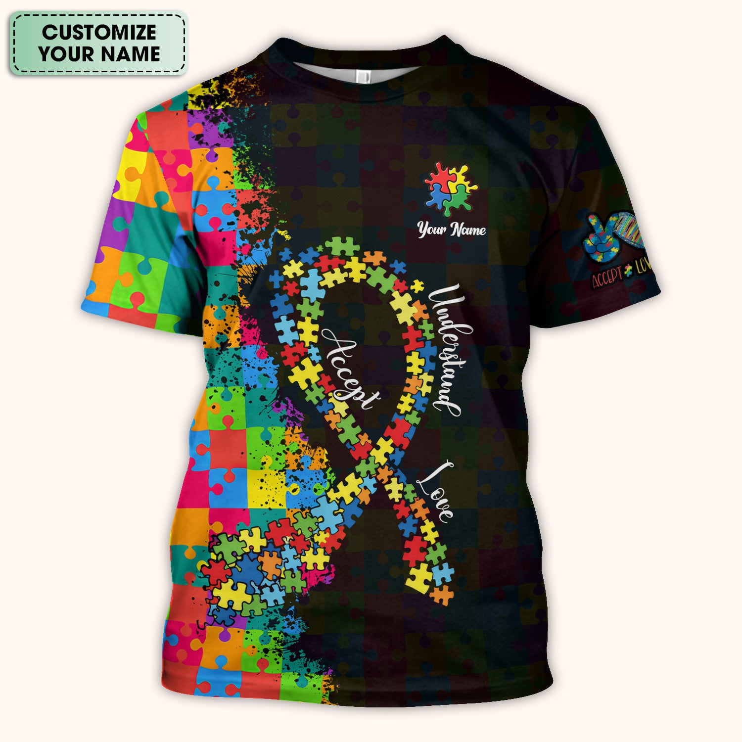 Personalized Autism Puzzle Ribbon Colorful Print Scrub Top, Comfortable Scrubs for Nurses