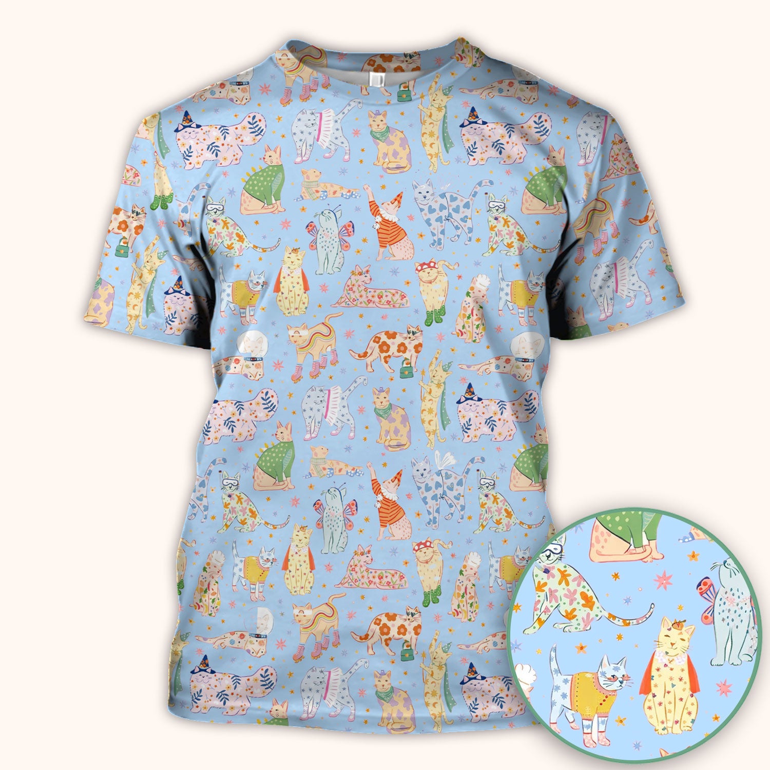 Colorful Pastel Cartoon Cats Print Scrub Top, Breathable Fabrics Nursing Uniform