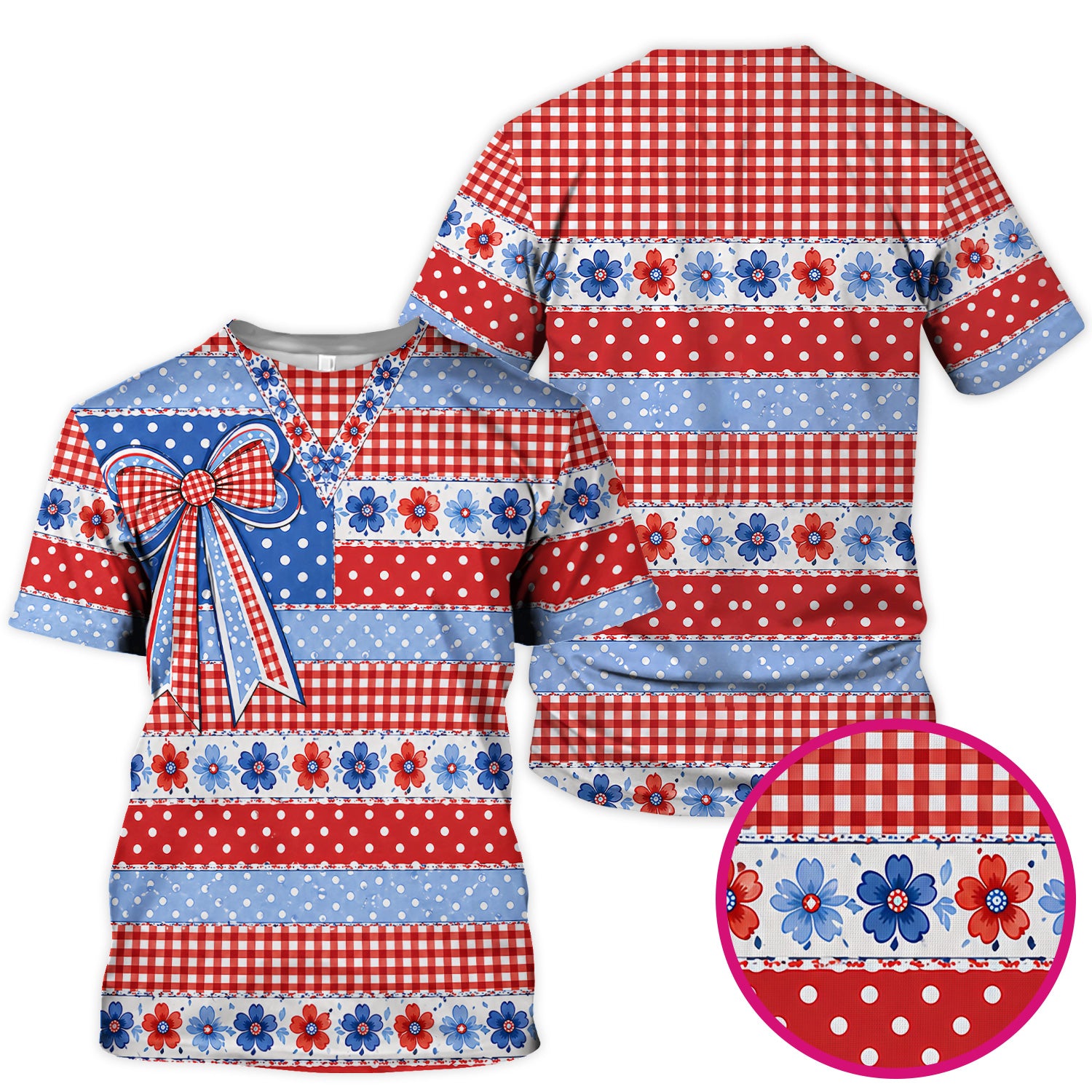 Patriotic Gingham Bow Floral Pattern Scrub Top, Comfortable Scrubs for Nurses