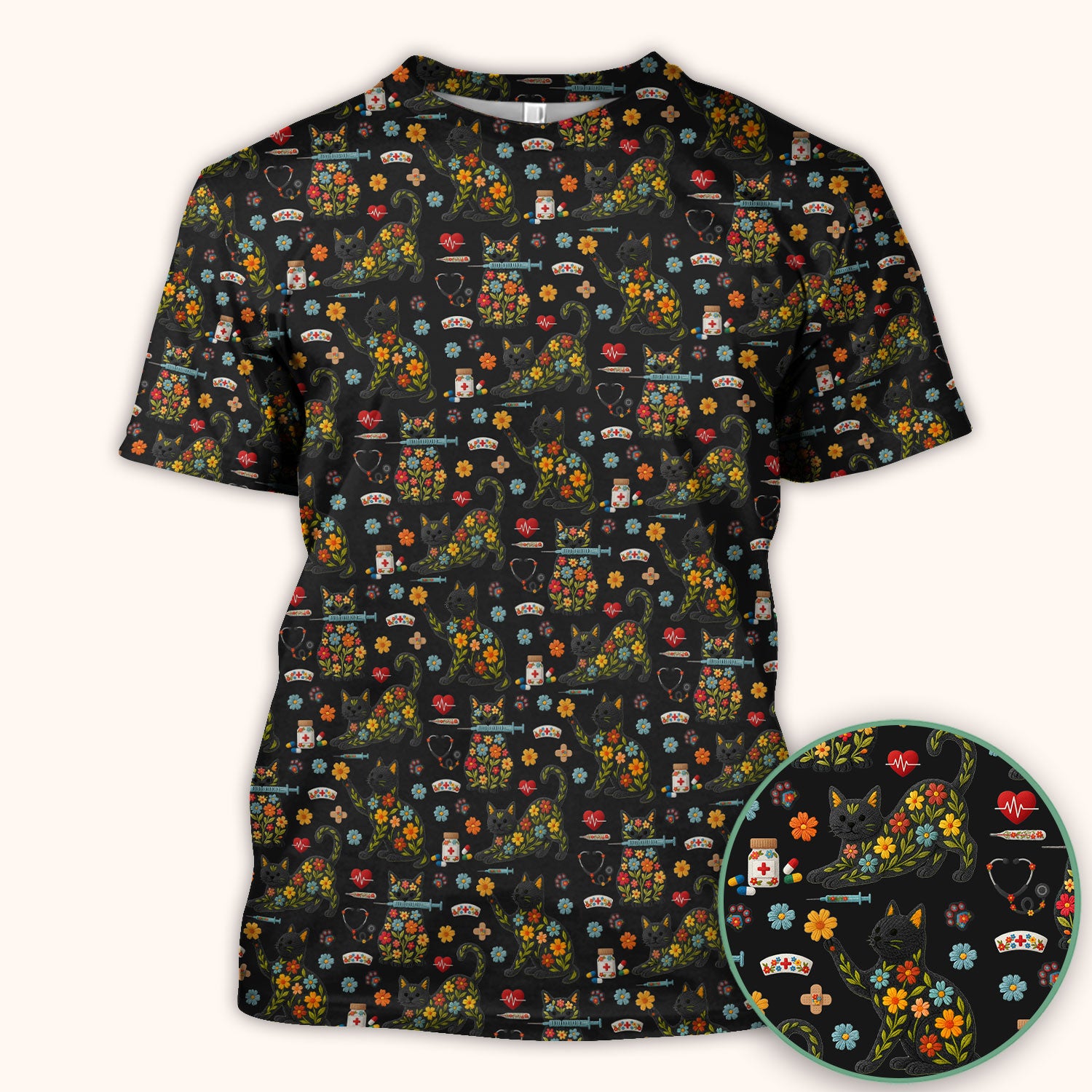 Floral Black Cat Pattern Scrub Top, Cute Cat Nurse Scrub Shirt, Medical Nursing Uniform