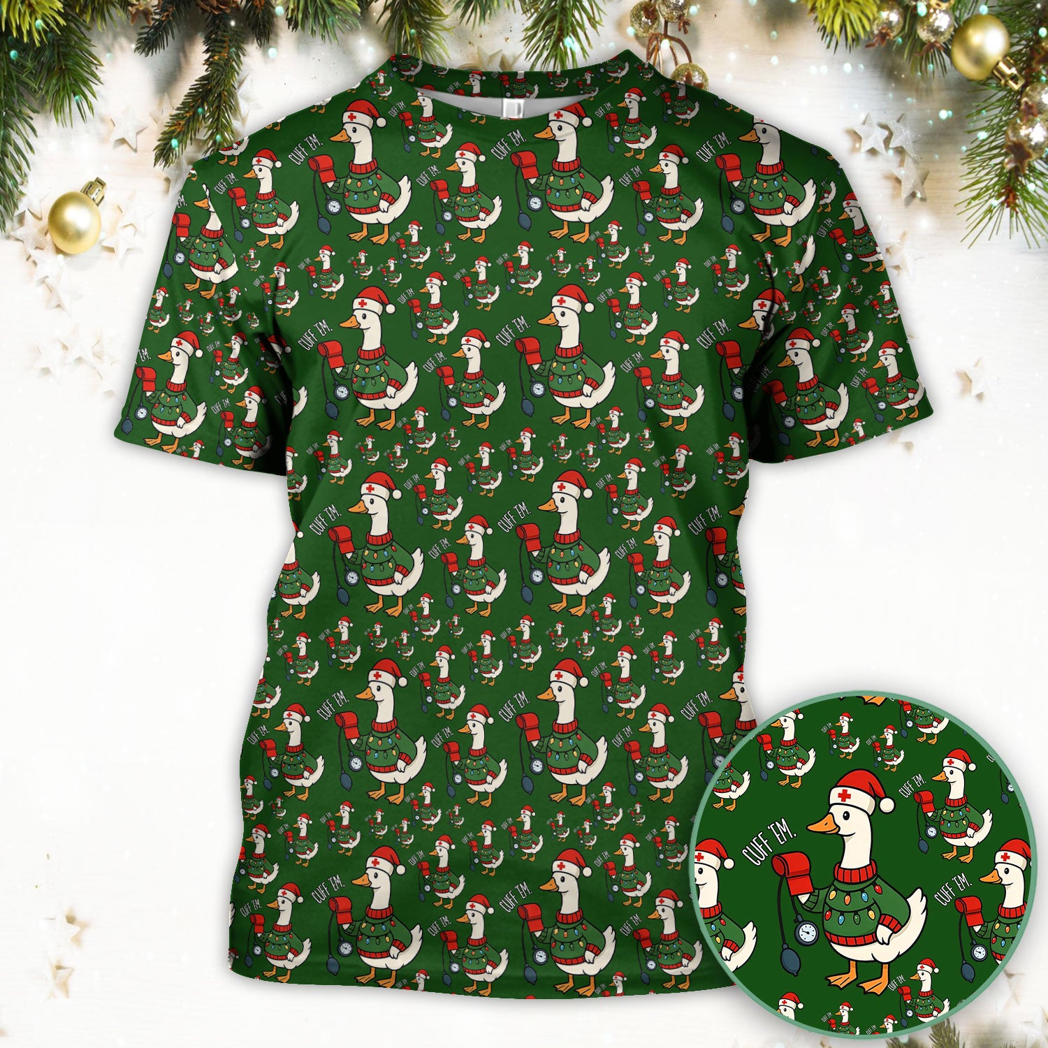 Nurse Christmas Duck Scrub Top, Cute Goose Pattern Scrub Shirt, RN LPN CNA Nursing Uniform