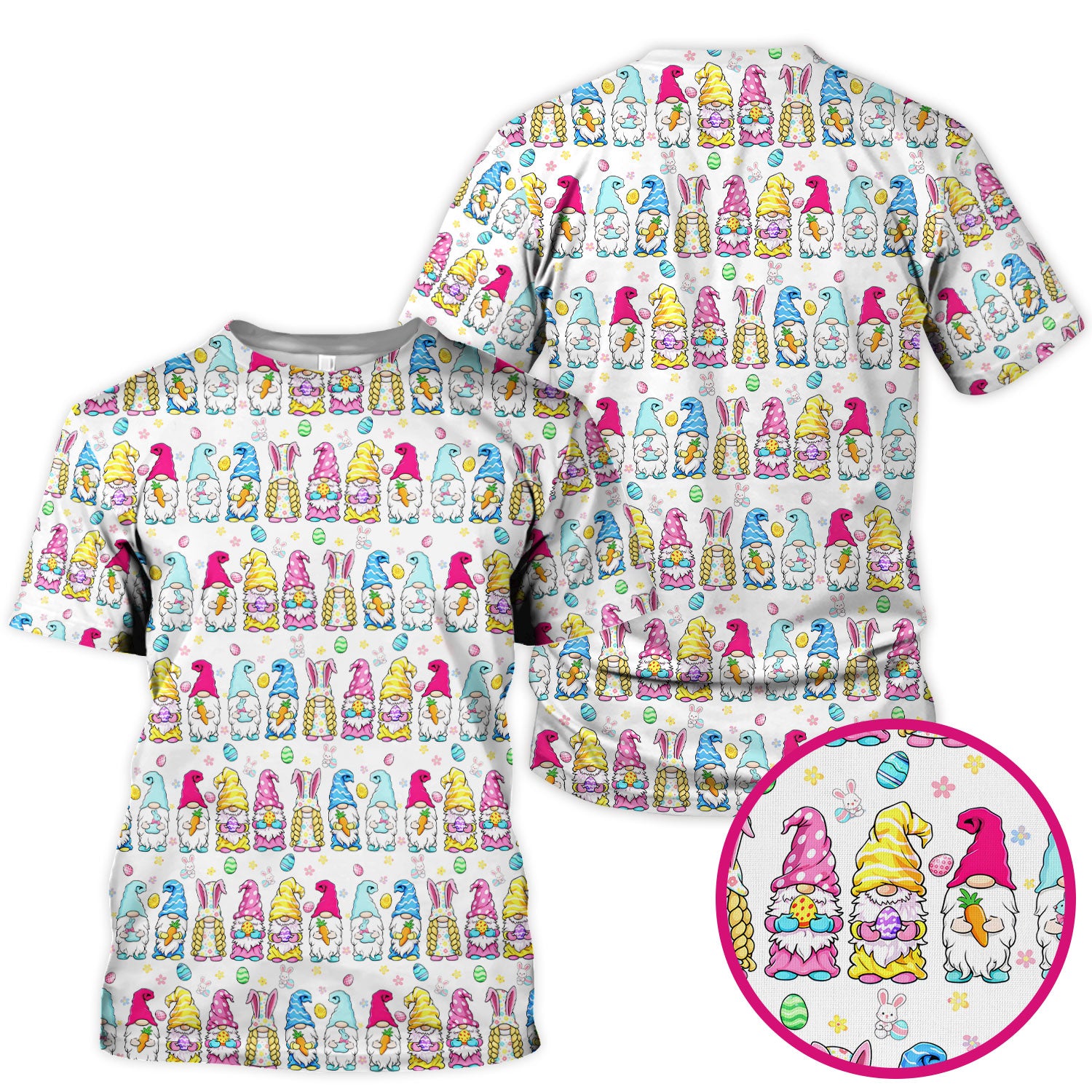 Colorful Easter Gnome Bunny Eggs Print Scrub Top, Comfortable Scrubs for Nurses