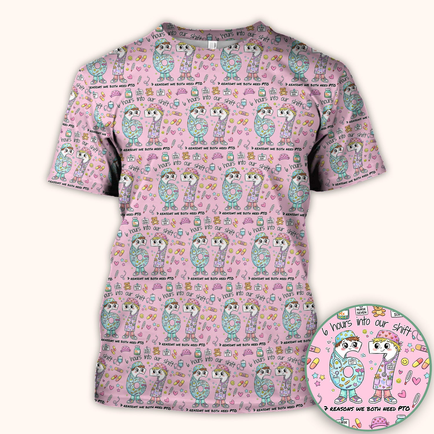 Cartoon Characters Six Hours Into Shift With Medical Doodle Scrub Top, Breathable Fabrics Nursing Uniform