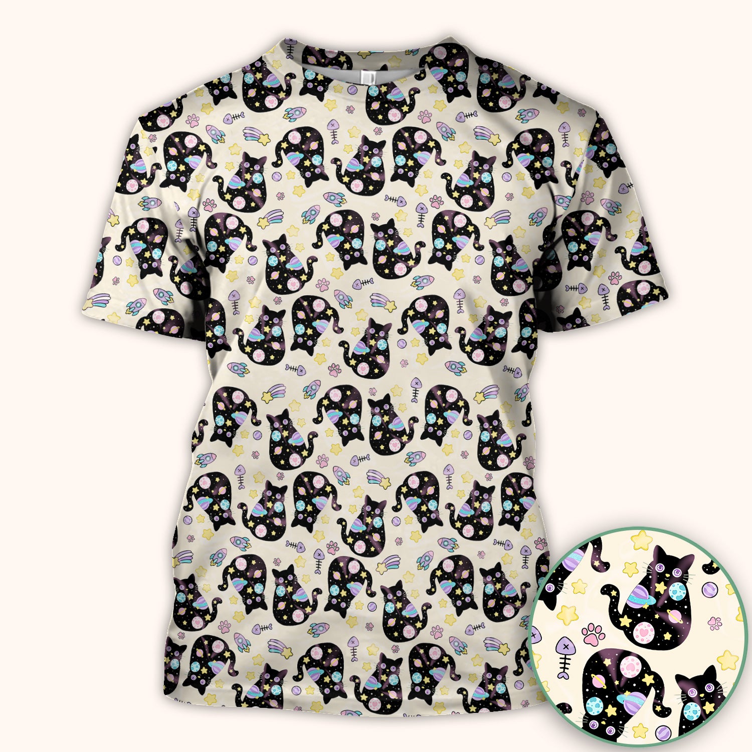 Galaxy Black Cat Space Pattern Scrub Top, Breathable Fabrics Nursing Uniform