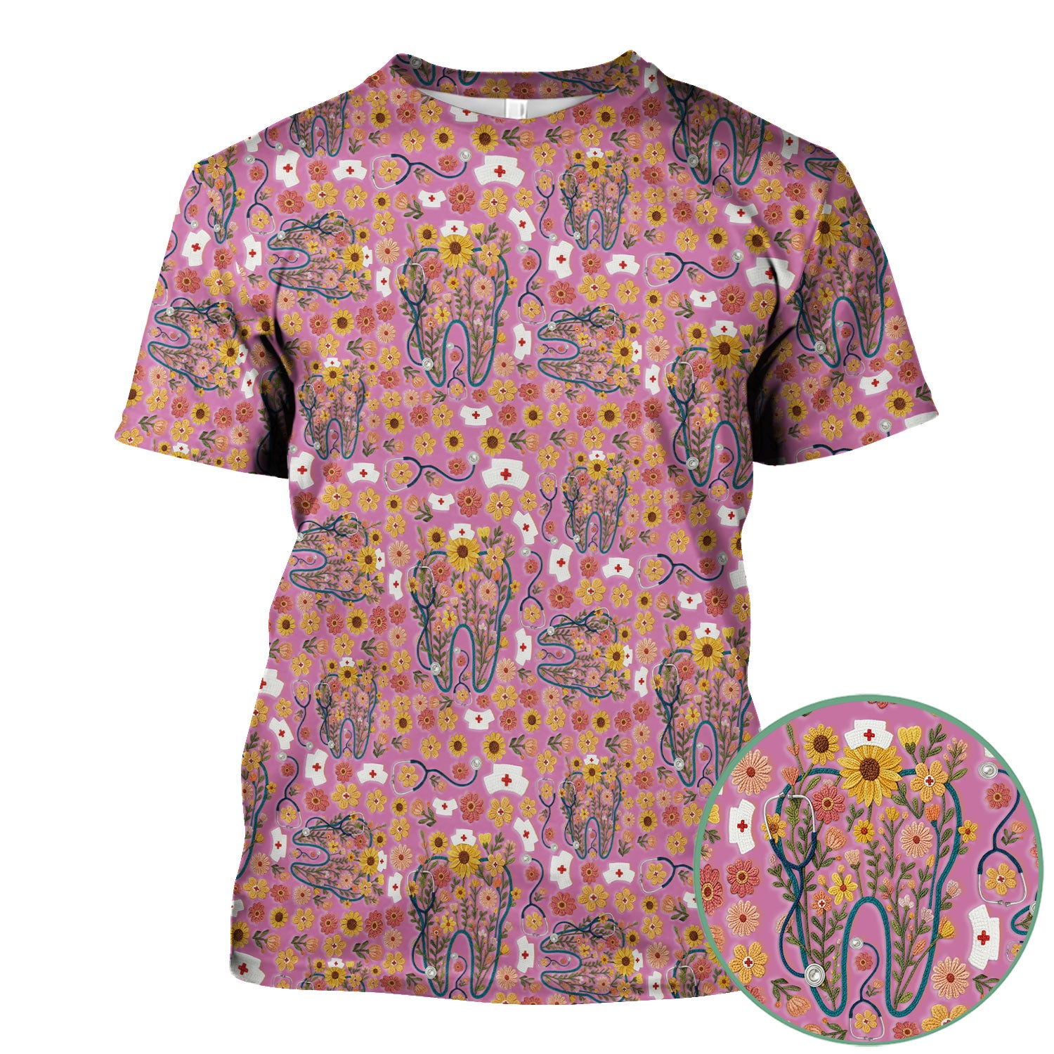 Boho Floral Tooth Scrub Top - Aesthetic Dental Scrubs for Women - Cute Flower Tooth Pattern Medical Uniform - Hygienist Christmas Gift