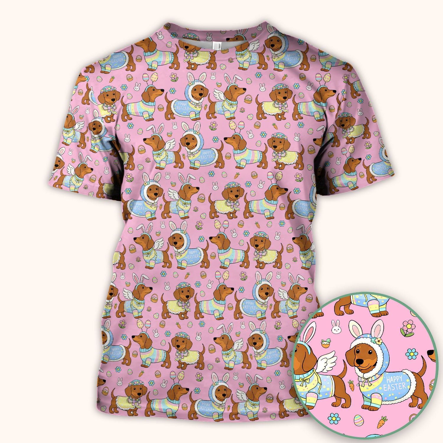 Easter Dachshund Bunny Print Scrub Top, Breathable Fabrics Nursing Uniform