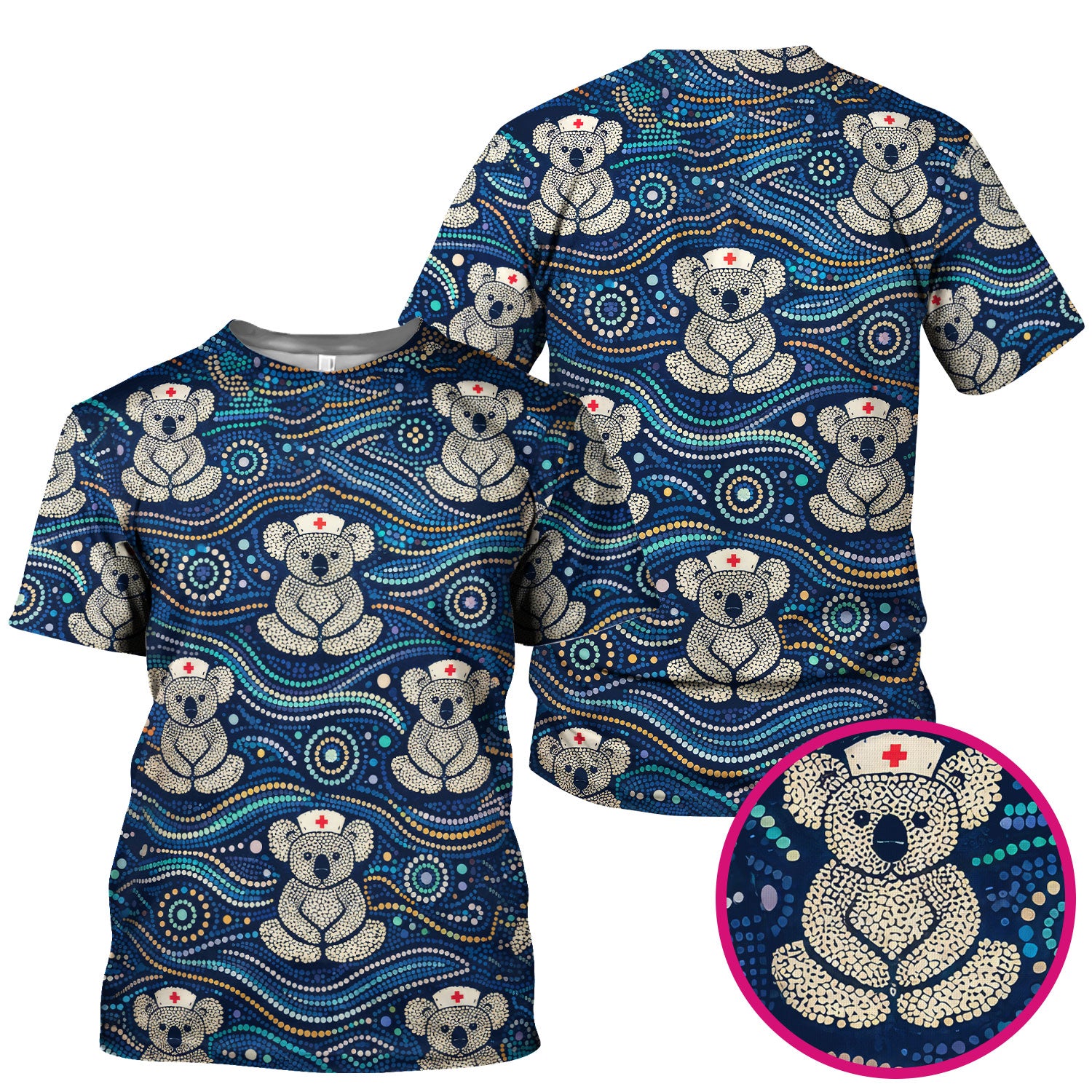 Koala Pattern Nurse Scrub Top, Aboriginal Dot Art Medical Shirt For Women, Breathable Fabrics Nursing Uniform