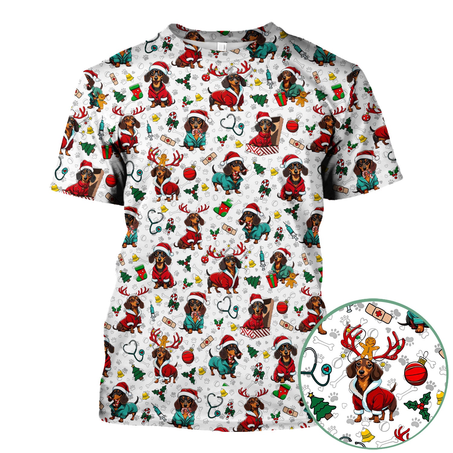Christmas Dachshund Scrubs for Nurses - Cute Sausage Dog Holiday Scrub Top - Funny Reindeer & Santa Medical Shirt for Women