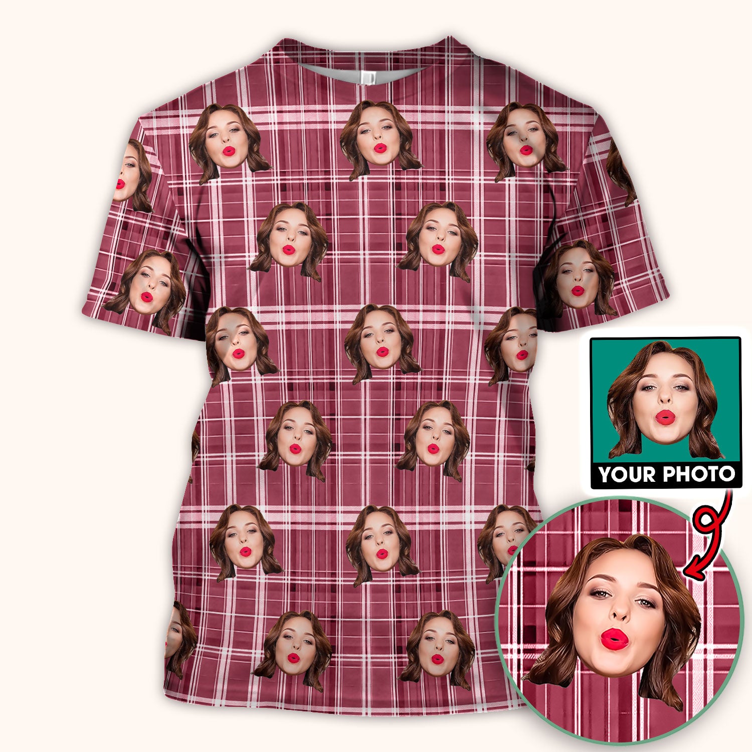 Personalized Funny Face Plaid Scrub Top, Custom Photo Pattern Medical Shirt, Breathable Fabrics Nursing Uniform