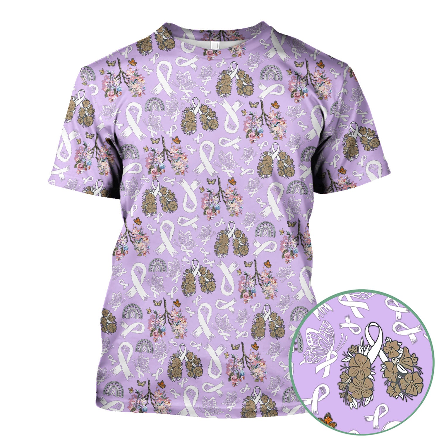 Lung Cancer Awareness Scrub Top for Women - White Ribbon Butterfly Floral Medical Uniform - Comfortable Scrubs for Nurses