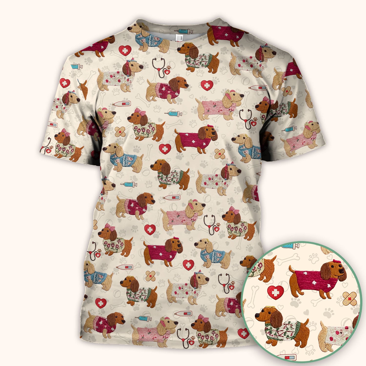 Cute Medical Wiener Dog Pattern Nurse Shirt, Dachshund Nursing Scrub Top, Breathable Fabrics Nursing Uniform