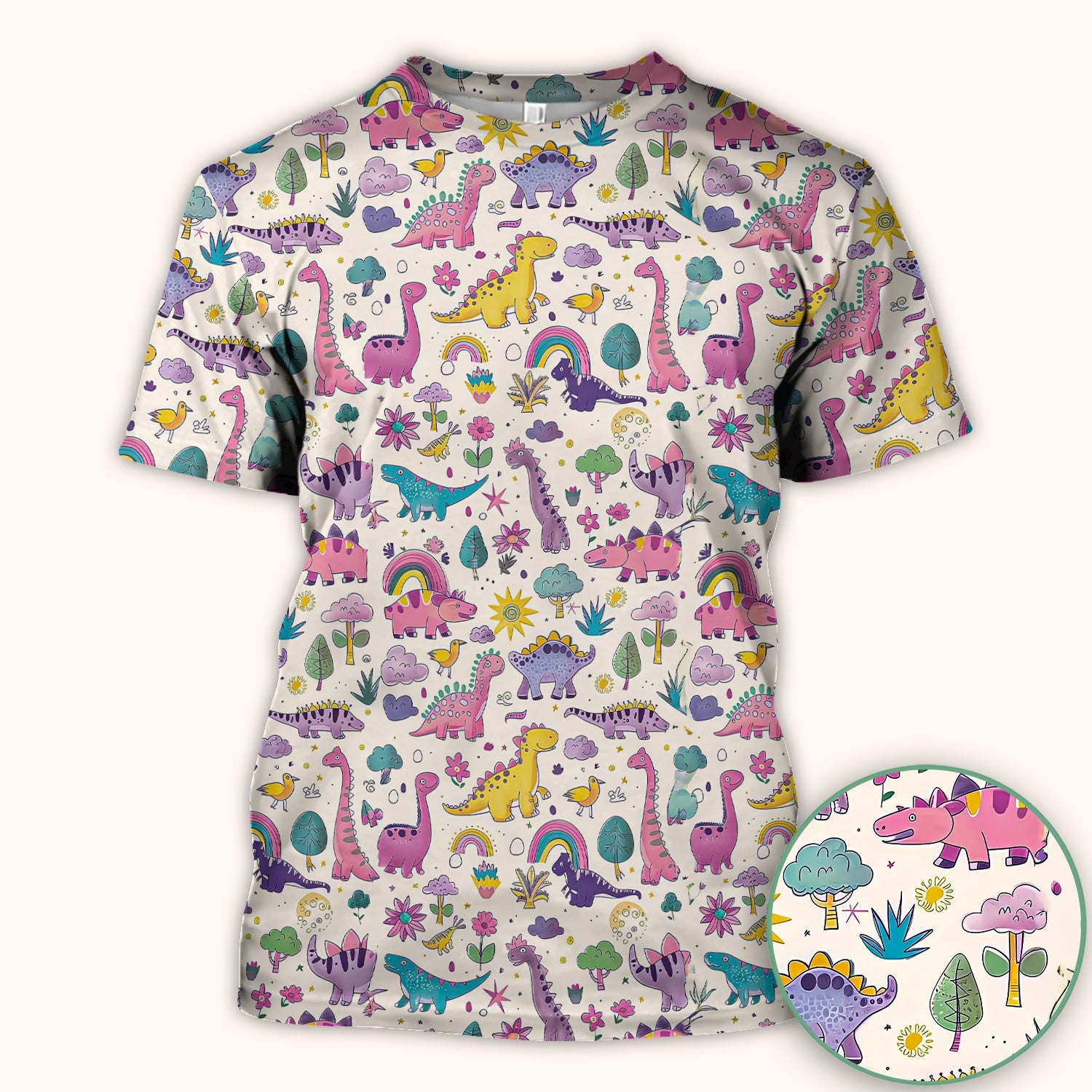 Cute Dinosaur Rainbow Pattern Scrub Top, Breathable Fabrics Nursing Uniform