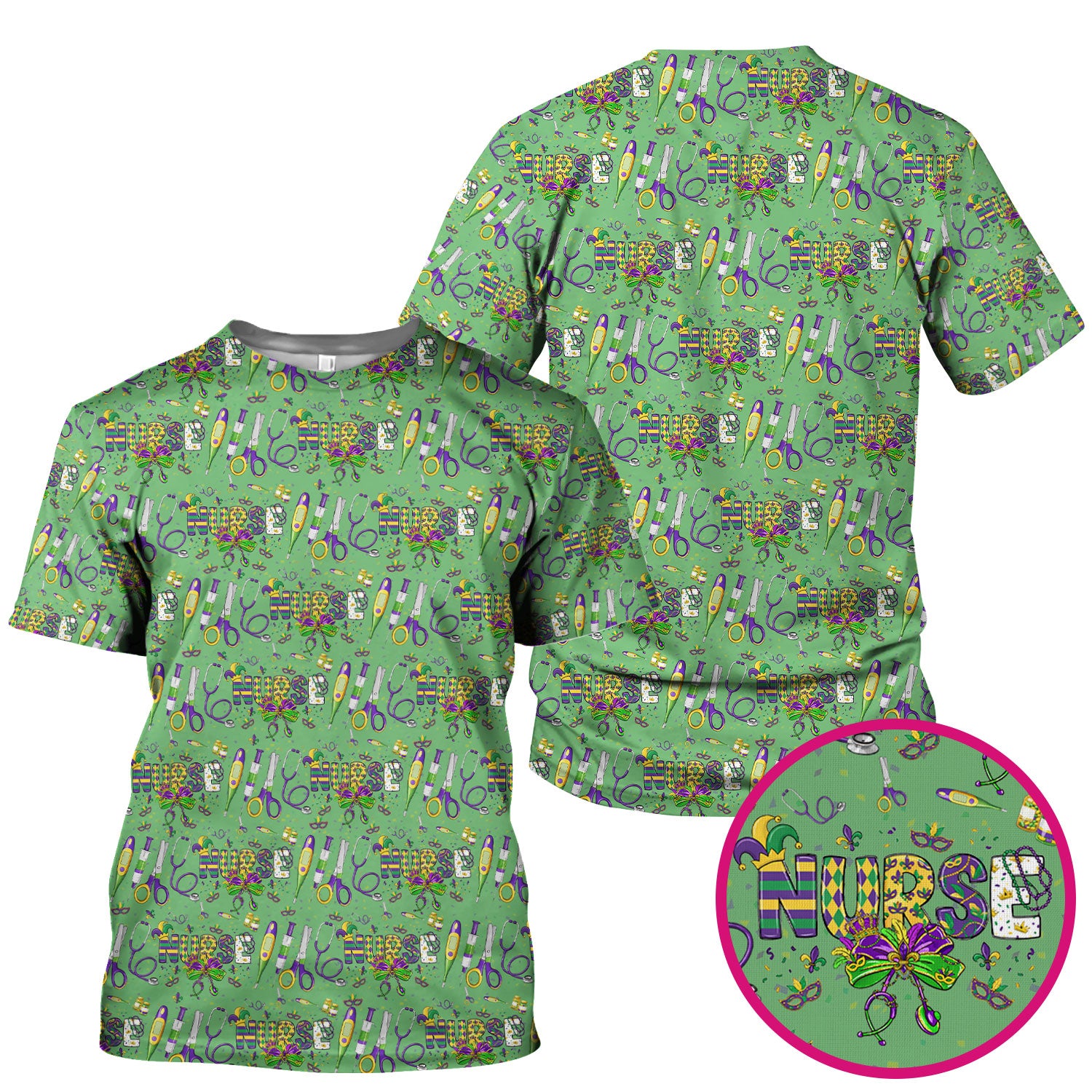 Mardi Gras Nurse Scrub Top, Holiday Medical Pattern Nurse Shirt, Breathable Fabrics Nursing Uniform