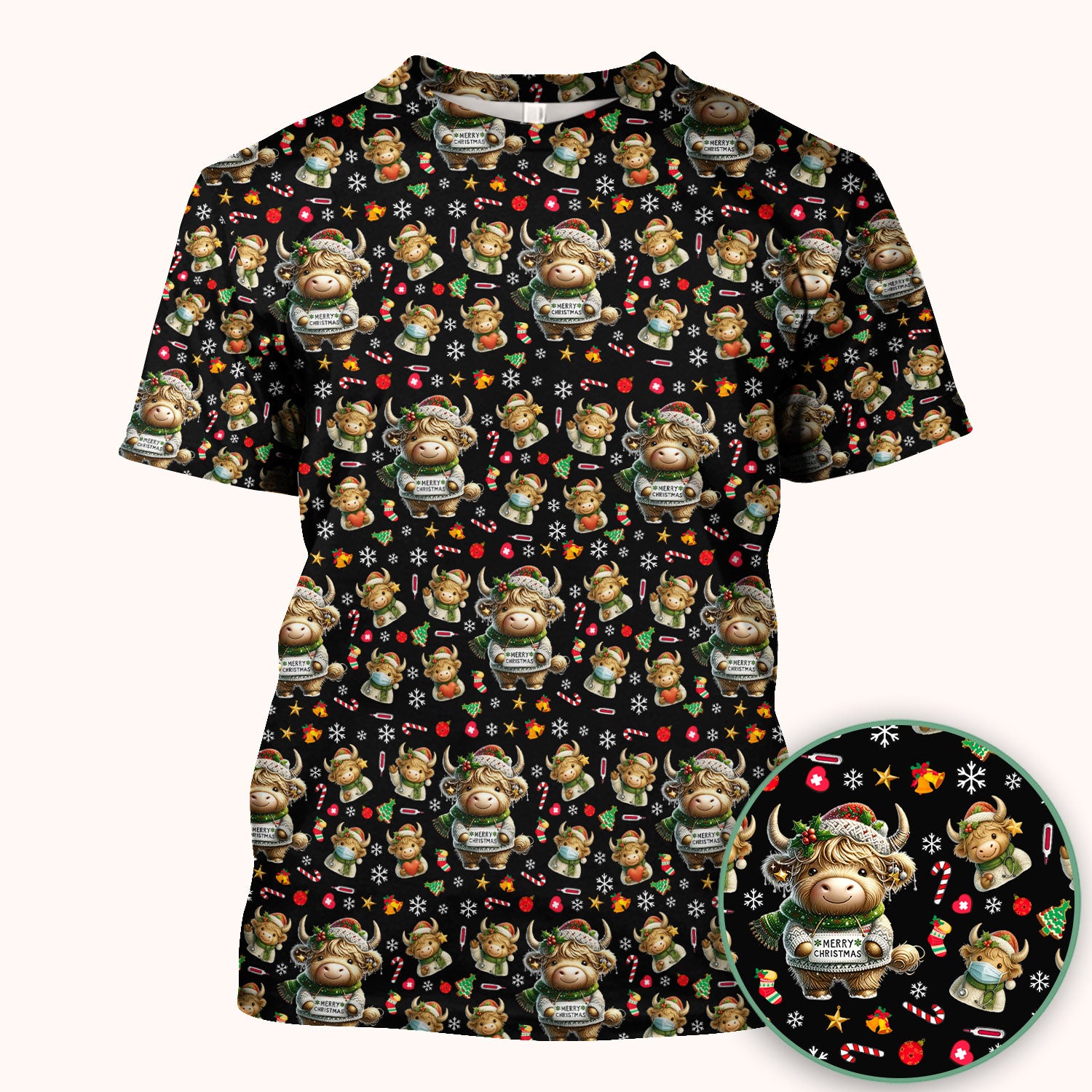 Highland Cow Christmas Scrub Top, Festive Cow Nurse Shirt With Holiday Pattern, Cute Medical Uniform For Women