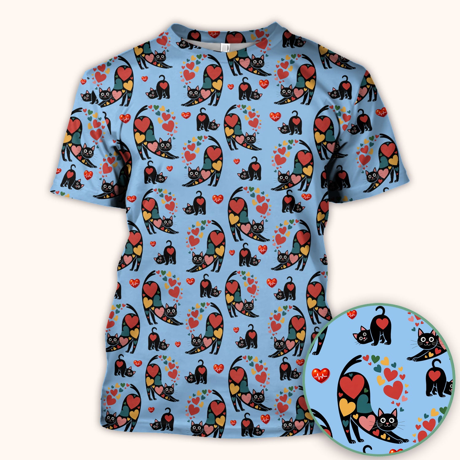 Playful Cat Valentine Heart Print Nurse Scrub Top, Comfortable Scrubs for Nurses