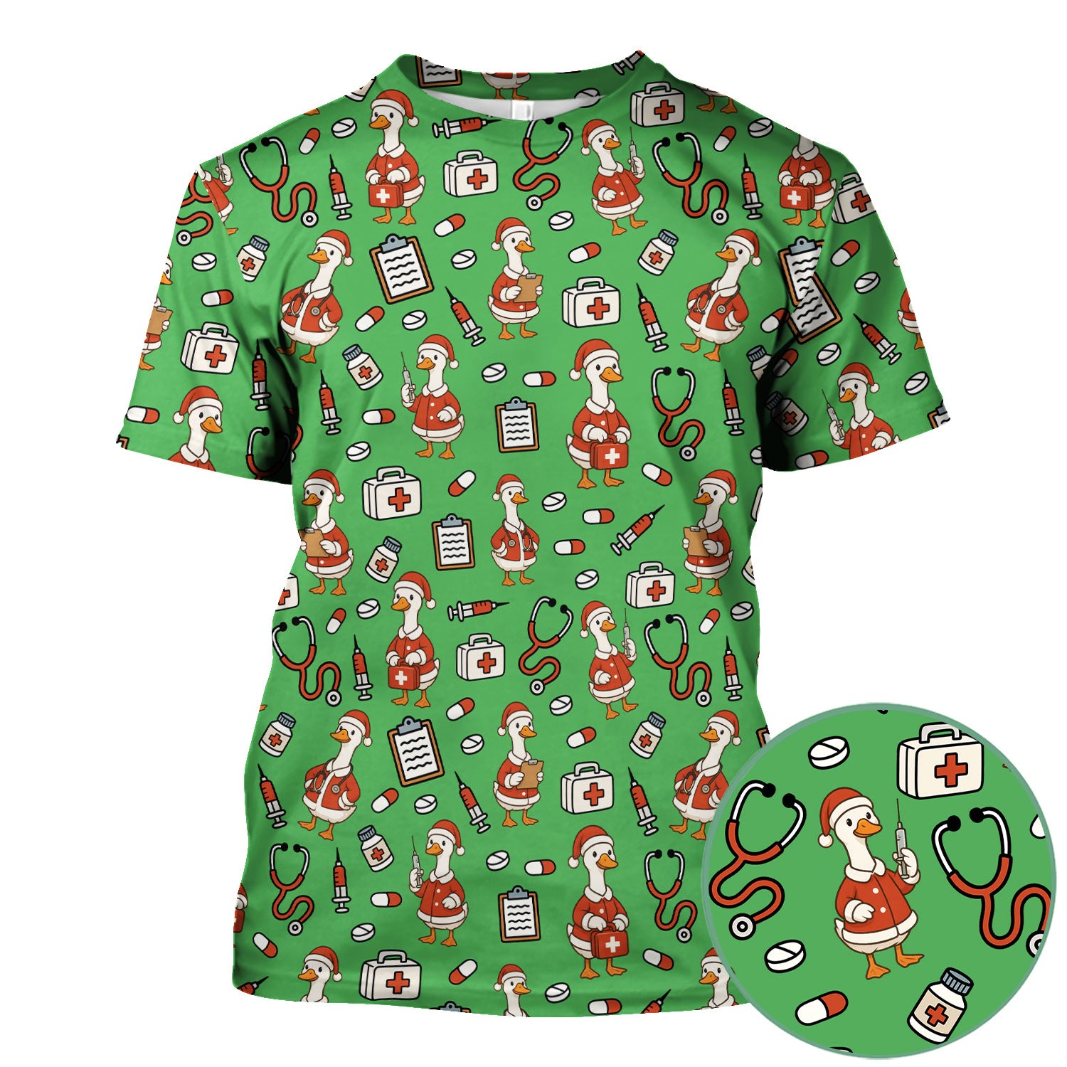 Santa Duck Nurse Scrubs - Christmas Print Medical Shirt for Women Men - Funny Holiday Scrub Top for RN CNA Doctor, Cute Xmas Gift