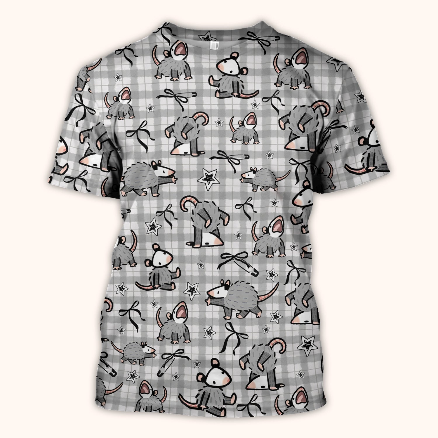 Funny Mouse Cartoon Pattern Print Scrub Top, Breathable Fabrics Nursing Uniform, Opossum