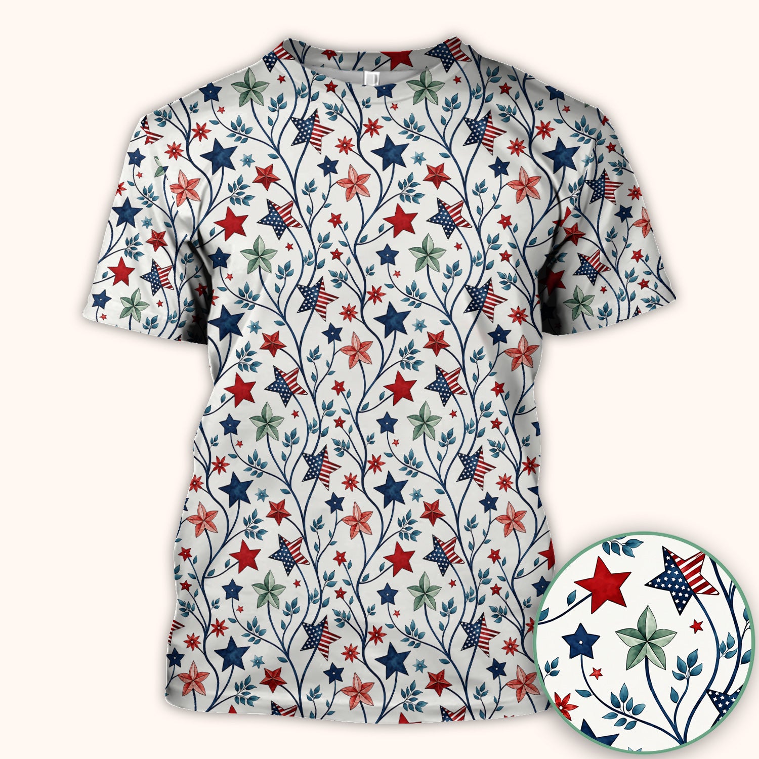 Patriotic Star Vine Floral Print Scrub Top, Comfortable Scrubs for Nurses