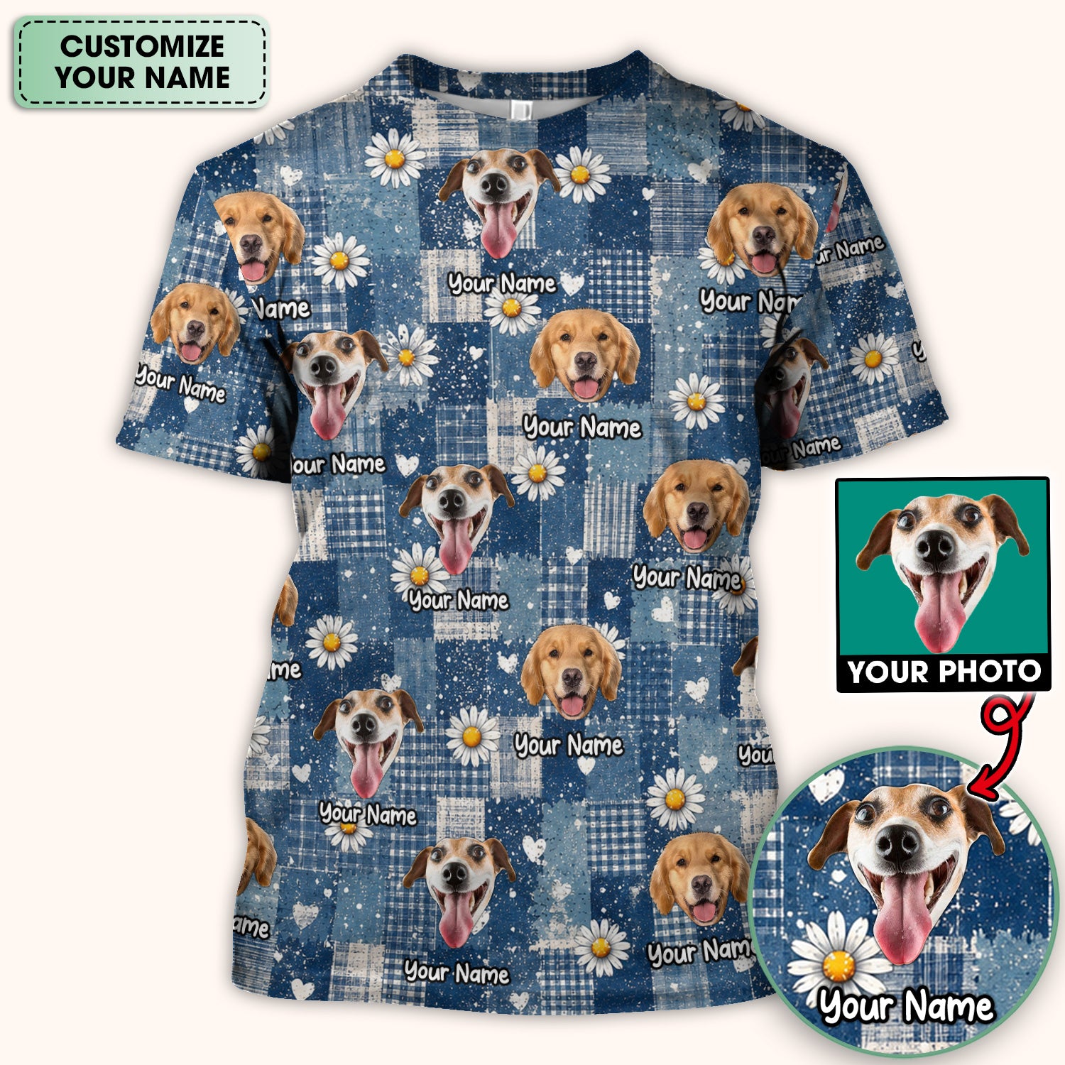 Personalized Cute Dog Portrait On Blue Patchwork Daisy Pattern Scrub Top, Comfortable Scrubs for Nurses