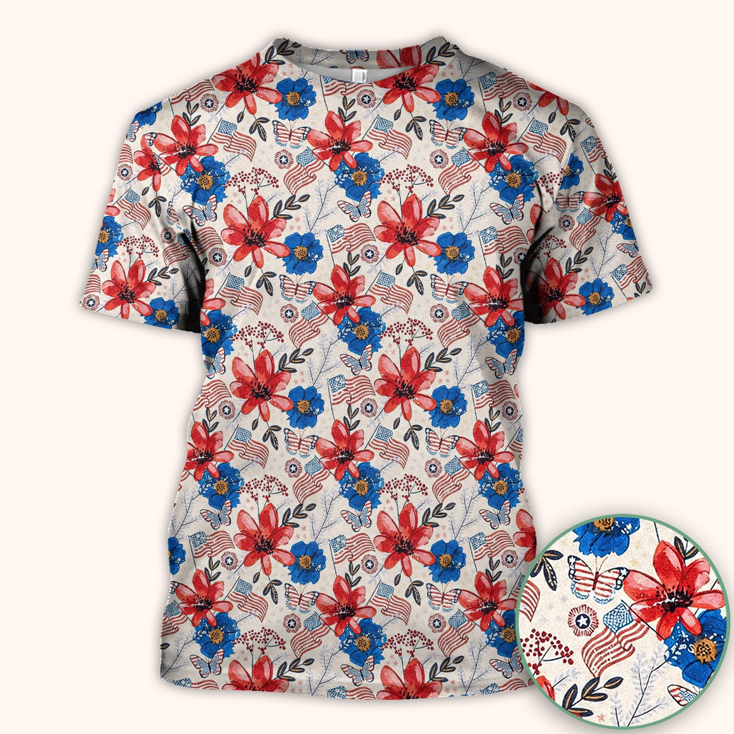 Patriotic Floral Flag Butterfly Pattern Scrub Top, Comfortable Scrubs for Nurses