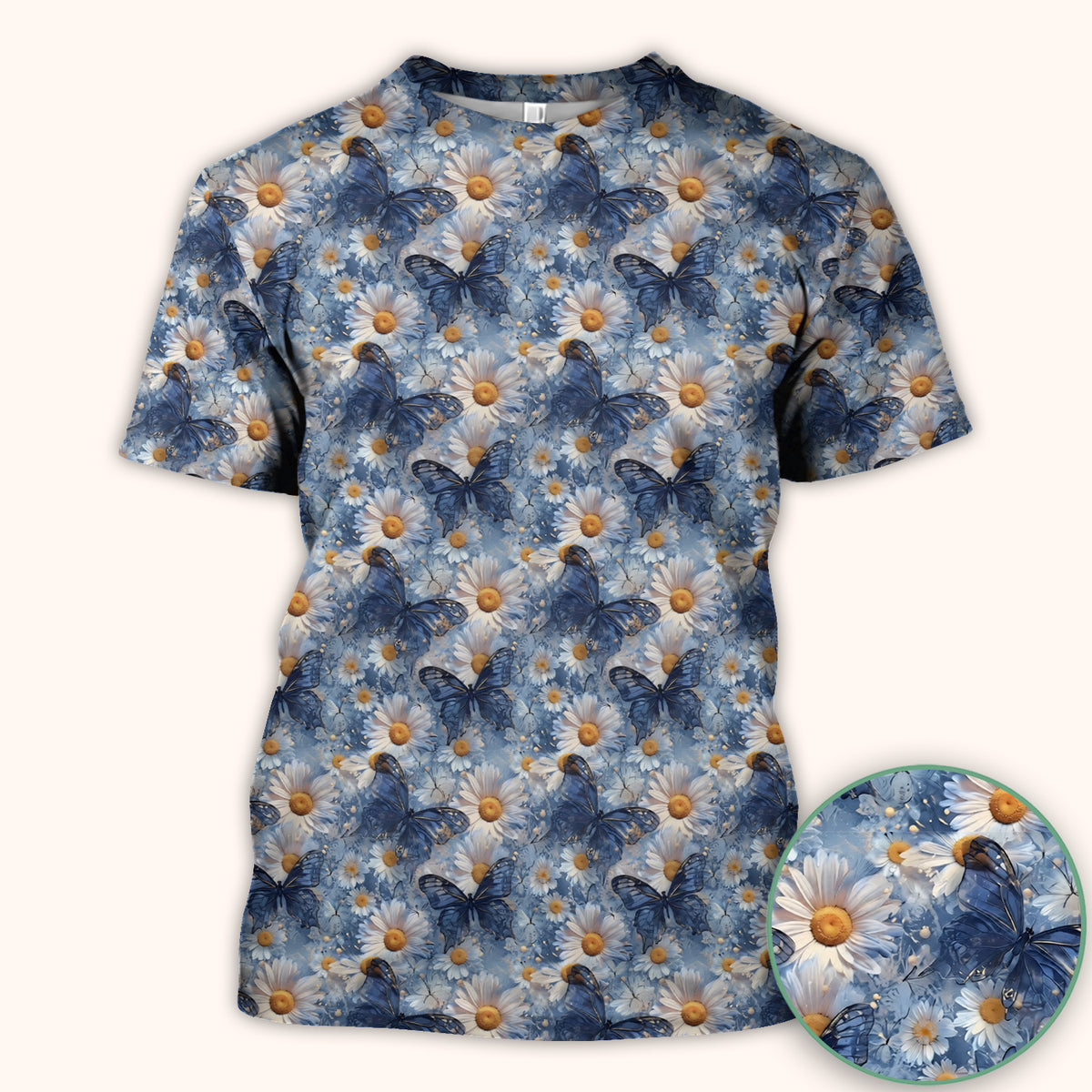 Blue Daisy Butterfly Print Scrub Top, Comfortable Scrubs for Nurses