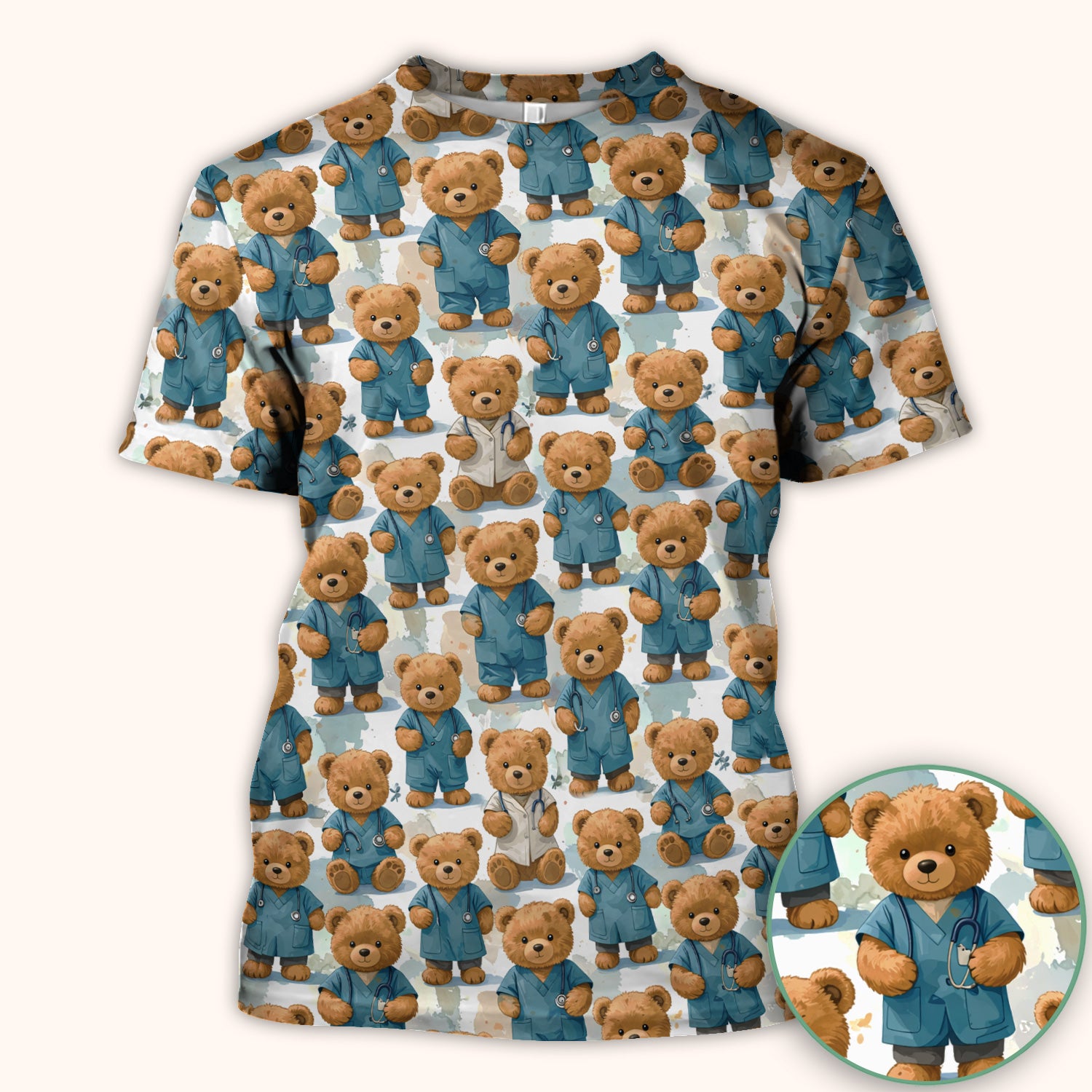 Teddy Bear Doctor Character Pattern Scrub Top, Comfortable Scrubs for Nurses