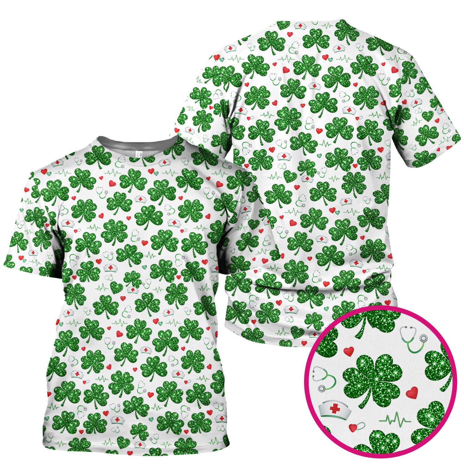 St. Patrick’s Day Nurse Scrub Top, Green Clover Medical Pattern Shirt, Breathable Fabrics Nursing Uniform