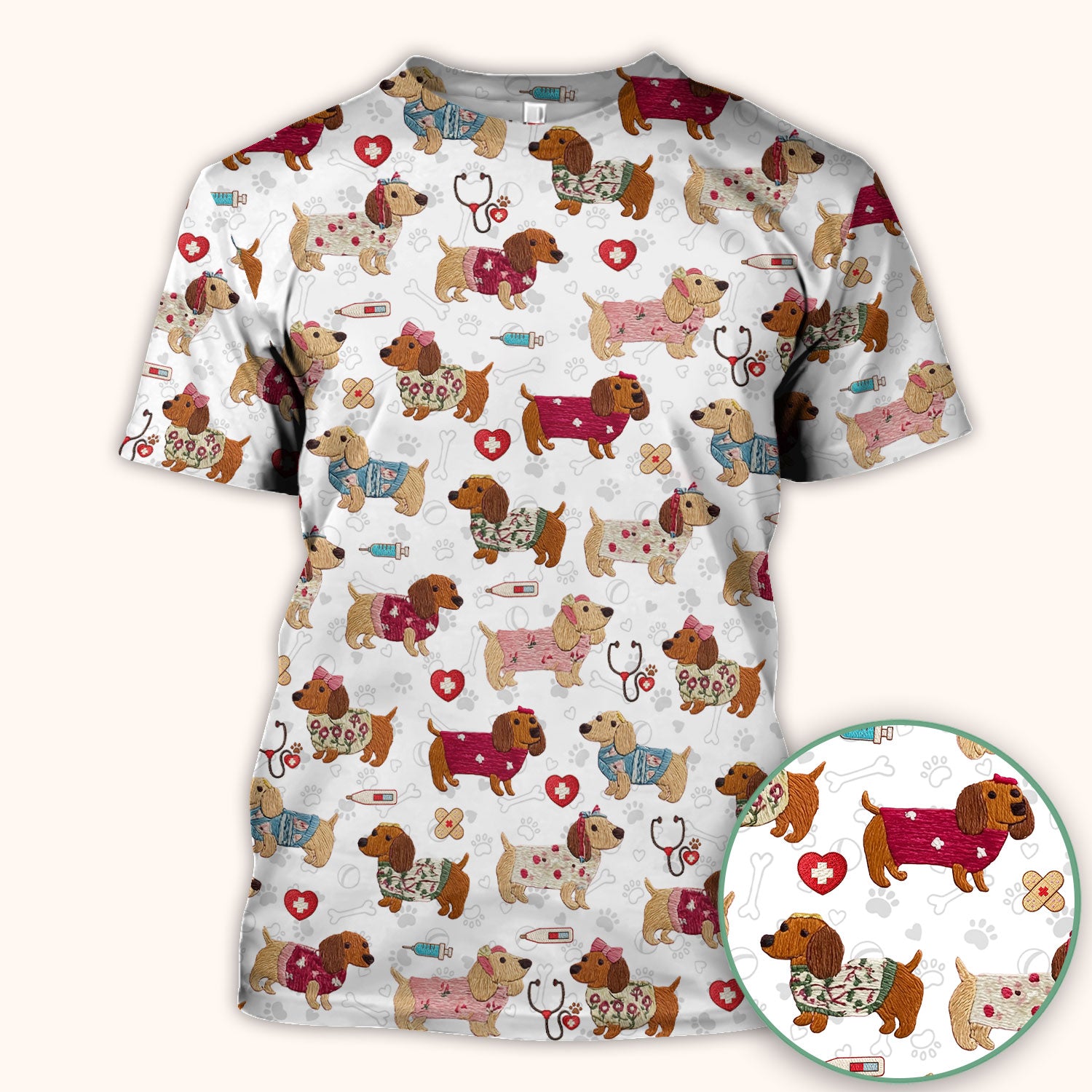 Cute Medical Wiener Dog Pattern Nurse Shirt, Dachshund Nursing Scrub Top, Breathable Fabrics Nursing Uniform