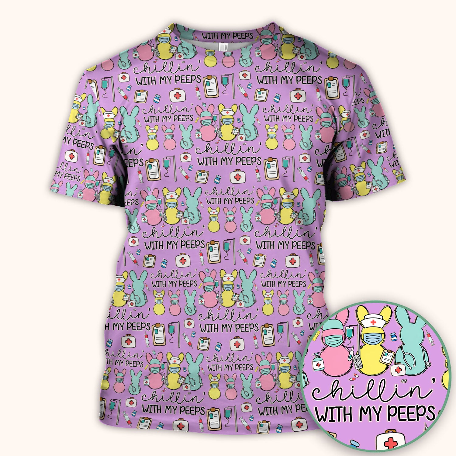 Cute Bunny Nurse Chillin With My Peeps Scrub Top, Comfortable Scrubs for Nurses, Easter