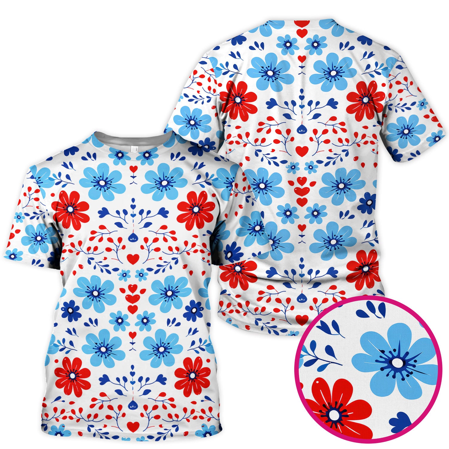 Symmetrical Folk Floral Heart Pattern Scrub Top, Breathable Fabrics Nursing Uniform