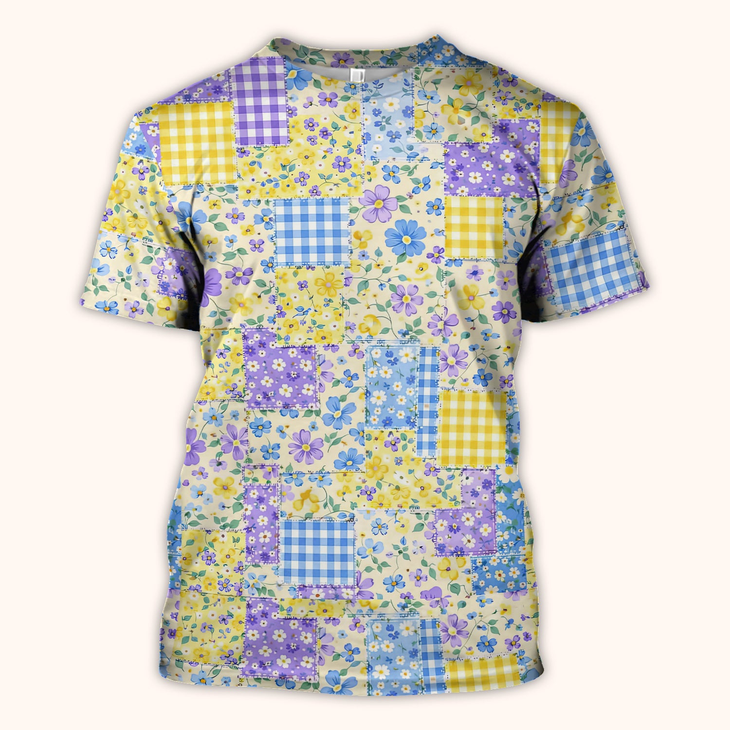 Cute Floral Patchwork Gingham Pattern Scrub Top, Breathable Fabrics Nursing Uniform