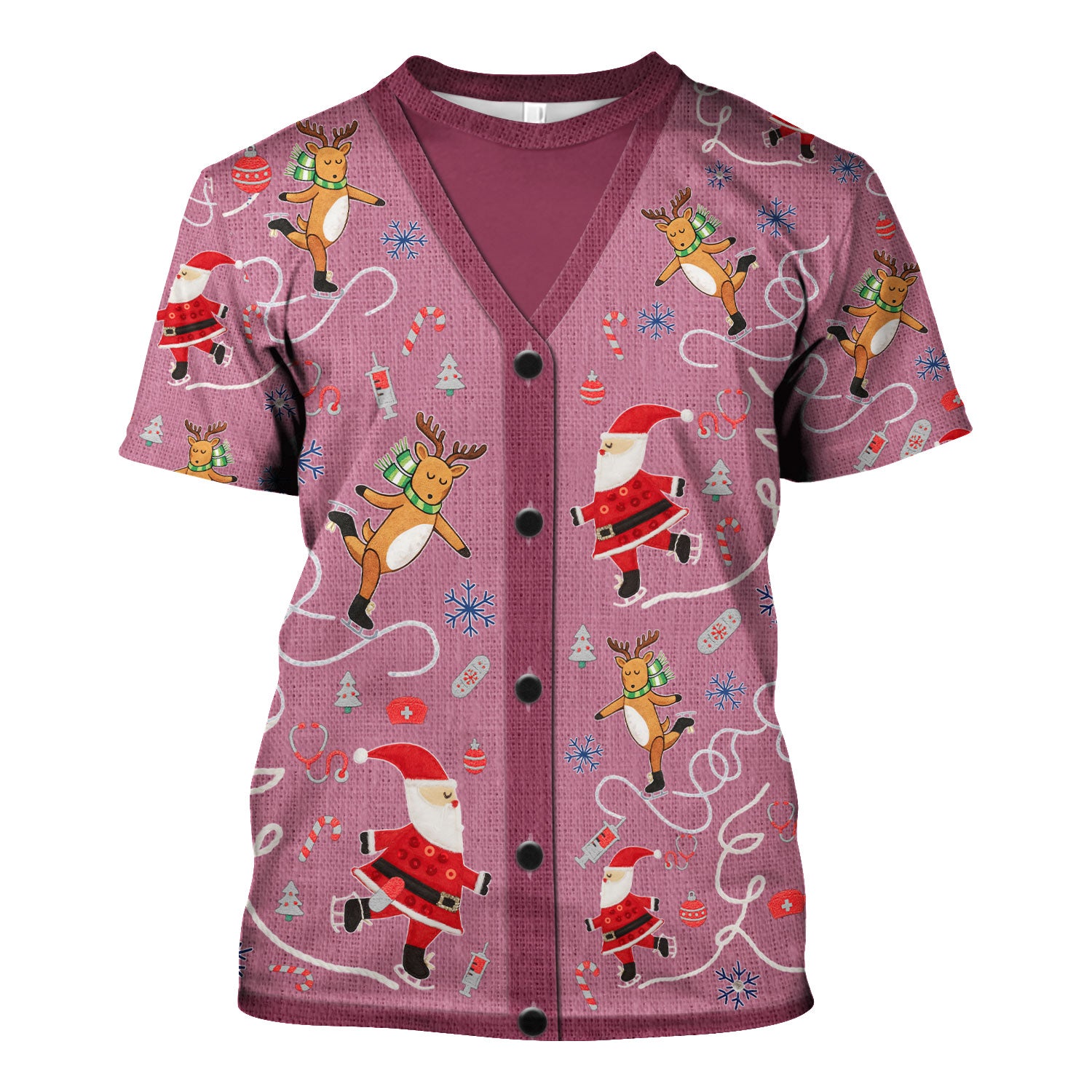 Christmas Reindeer Santa Nurse Scrub Top, Cute Holiday Medical Uniform Shirt for Women